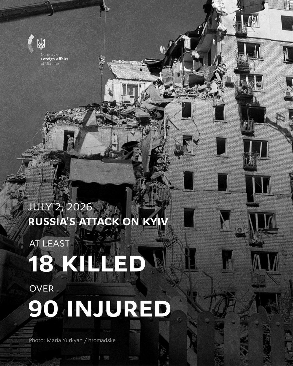 MFA_Ukraine's tweet photo. This morning, Kyiv woke up to explosions. At least 18 people did not survive the night of Russian terror. The aggressor state took their lives and injured more than 90 others, launching over 70 missiles and nearly 500 attack drones against Ukraine.

Ukraine urgently needs more air defense. More contributions to the PURL initiative will save lives. Agreements on anti-ballistic missile production must be implemented, and we count on the United States to move forward with decisions on Patriot licenses. Every effort must be made to stop Russia's war and prevent attacks like this from happening again.