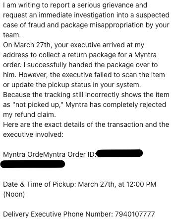 ballasatish's tweet photo. Scam alert to Myntra and Ecart customers! @myntra Pickups done by #ECart logistics not reaching the company. Happened to close person and no response from CCare - 3 months. (Exe Mob 7940107777) Just block the number if dealing with above companies. FYI. @MyntraSupport https://t.co/ytGoLNR7ri