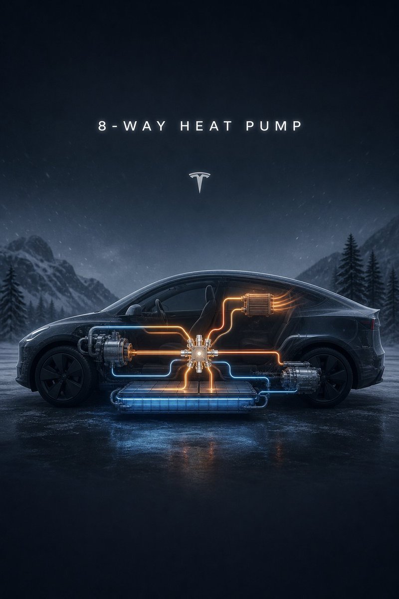 tslaming's tweet photo. GOOD NEWS 🚨 Tesla has engineered the ultimate winter survival system, uniting an 8-way valve, a super manifold, and a lossy compressor boiler to eradicate cold-weather range anxiety ❄️

Electric vehicles share a fundamental paradox. They are simply too efficient for their own good. Unlike a traditional gasoline engine that recklessly leaks waste heat to keep passengers warm in a blizzard, an electric powertrain converts almost all its energy into pure motion.

For years, the industry solution has been to cram a massive, range-devouring electrical resistance heater into the cabin. But Tesla has decided to play a completely different game. Published on Jun. 30, 2026, patent US 12668095 B2 unveils a radical architecture where Tesla is no longer just moving heat around. They are trading it.

By treating the car's thermal energy like a highly volatile financial market, this newly detailed system relies on thermodynamic arbitrage to scavenge, store, and seamlessly shift heat exactly where it is needed . The software constantly buys low and sells high, moving low-grade thermal energy from the powertrain, battery pack, cabin, and ambient loops to wherever it is worth more .

But what happens when the ambient air and the battery are simply too cold to provide any thermal energy to trade? This is where the engineering takes a wild and counterintuitive turn. To survive a brutal winter, Tesla engineered this system to intentionally force its air conditioning compressor and blower motors to run in a highly inefficient, lossy state . It is a brilliant blend of high-finance heat trading and intentional mechanical sabotage, turning the electric vehicle's biggest winter weakness into a beautifully solved problem.

To truly appreciate how radical this solution is, we first have to look at the severe energy deficit that created the crisis in the first place.

⚖️ The problem: Heat is a currency electric vehicles lack

An extremely large percentage of the world's vehicles run on gasoline using an internal combustion engine. These standard engines inherently produce a massive amount of waste heat, yielding a free and constant thermal dividend as a byproduct of burning fuel . For decades, traditional automakers simply dumped this surplus energy into the passenger cabin to keep occupants warm.

Because electric motors and batteries are incredibly efficient, they convert almost all their energy into forward movement and produce very little waste heat to spend on comfort. Early electric vehicles relied on massive high-voltage electrical resistance heaters to warm the cabin, effectively liquidating the battery's core energy reserves to directly fund passenger warmth . This acts as a massive drain on the pack's capital and drastically reduces the driving range.

Conventional heat pumps were later introduced as an external broker of sorts, designed to absorb ambient warmth from the outside air and deposit it into the cabin. However, these conventional heat pumps notoriously suffer from low heating capacity in extremely cold conditions . When temperatures plunge to minus 10 degrees Celsius, this outside thermal market completely freezes up, leaving the system bankrupt of energy to harvest in harsh winters.

Facing this stark winter deficit, Tesla realized it could no longer rely on external markets, prompting a complete rewrite of the vehicle's internal economics.

💡 Tesla's solution: A highly integrated trading floor

To overcome these historical shortcomings, Tesla created a unified vehicle thermal management system that acts as a centralized exchange . It connects the vehicle heat pump directly to the battery system coolant loop and the drive train coolant loop.

Instead of treating the cabin, the battery, and the motors as isolated silos holding independent accounts, this architecture uses a sophisticated coolant circulation system to dynamically share thermal energy across the entire car . When the cabin needs heat, the control electronics function as a shrewd investor by scavenging low-grade thermal energy naturally produced by the traction motor and transmission .

The system acquires this cheap, low-level motor heat and leverages the compressor to upgrade that thermal asset into a high-yield return. It ultimately pumps a concentrated surge of warmth into the cabin. If the drive train is currently cold but the heavy battery pack has retained some latent heat, the system can easily pivot to isolate the battery loop . By tapping into this massive physical structure as a stored thermal vault, the car rapidly warms the passengers using previously banked energy rather than spending new electrical capital .

But a trading floor is only as good as the entity running it, requiring an incredibly smart operator to manage these fast-moving energy transactions.

🧠 The brain: Predictive control and thermal economics

The true genius of this system lies in the software acting as the master broker. To balance the competing needs of the vehicle, the system uses a feed-forward predictive optimal control scheme . This functions much like an algorithmic trading bot that anticipates future market conditions rather than merely reacting to current deficits.

It constantly trades the long-term efficiency of the battery against the immediate heating capacity of the cabin using a specialized suite of software modules. These interconnected programs include the Cabin Comfort Module, Range Module, Battery Performance Module, Trip Timing Module, and Heat Pump State Module . Together, they act as dedicated risk analysts evaluating different sectors of the vehicle's energy portfolio. The software operates on a strict hierarchy of transactions. Cabin comfort and battery heating required for propulsion or charging are treated as firm demands that must be met, unless severe range limitations or noise constraints force a market compromise .

The overall system adapts its investment strategy based on meta data, absorbing high-level contextual variables like route duration and weather forecasts to inform its daily trades . For example, if the Trip Timing Module knows you have a short drive, the software will willingly sacrifice long-term battery efficiency . It effectively liquidates thermal capital to prioritize heating the cabin quickly for an immediate passenger payout.

Alternatively, if you are on a long road trip, the system shifts to a conservative growth strategy. It restricts cabin heating slightly, temporarily withholding thermal dividends from the passengers to ensure the battery reaches its optimal temperature . This ultimately compounds those initial energy savings to protect driving range.

While the software acts as the master broker, it still requires a revolutionary physical infrastructure to open the channels and move these liquid assets.

🐙 Hardware marvels: The 8-way valve and super manifold

To execute these complex thermal transactions, the physical plumbing has to be incredibly advanced. The patent explicitly describes transitioning from standard coolant valves to an 8-way valve . This acts as a centralized financial clearinghouse that efficiently directs the physical coolant flow. This 8-way valve can be thought of as two independent 4-way valves packaged into a single part, operating to dramatically simplify the physical plumbing .

This single component allows the battery and drivetrain coolant loops to run in parallel, in series, or in partially blended states . By operating this way, the valve functions much like a portfolio manager that can either commingle all available funds to maximize total liquidity, or create walled-off thermal zones to protect specific energy investments when needed . To bypass traditional limitations, the system can execute thermodynamic short circuits to link the hot and cold sides of the system, trading thermal energy across three different working fluids including air, coolant, or refrigerant .

To reduce packaging complexity and keep physical overhead low, many of these individual pumps, valves, and chillers are packed into a single super manifold integration block . Acting as the unified corporate headquarters for all thermal exchanges, this consolidation is a massive manufacturing and engineering win that enables the system to route liquid assets with minimal heat loss and extreme precision.

With the clearinghouse and corporate headquarters firmly established, the system gains the ability to securely store massive amounts of thermal wealth for a rainy day.

🔋 Battery thermal storage: Treating the pack like a thermal vault

Tesla leverages the massive physical weight of the battery pack as an artificial thermal reservoir, offering a staggering 85 watt-hours of thermal storage per degree Celsius . This essentially uses the car's heaviest component as a secure, long-term savings account for heat. The thermal management system can efficiently top up the battery temperature while the car is plugged into a charger or actively driving, steadily banking thermal energy when it is cheap and abundant .

Later on, when cabin heating is required and freezing outside temperatures cause the external thermal market to crash, the heat pump can simply draw down that stored energy. This targeted withdrawal provides highly efficient cabin heating by relying on past investments rather than forcing the car to generate new electrical capital.

The system will even recover high-temperature thermal energy from a warm cabin after you park the car . Instead of letting those valuable thermal assets quietly escape into the cold ambient air, the system automatically transfers that residual warmth back into the battery vault. This ensures your thermal portfolio remains flush for the next departure.

Yet, even the most secure vault can run dry during a prolonged deep freeze, forcing the system to take desperate, high-risk measures to generate emergency capital.

🔥 Heat generation: Forcing inefficiency to create a boiler

When the ambient air and the battery are simply too cold to provide enough thermal energy to trade, the system is essentially facing a total market freeze with 0 liquid assets. In response, the system control electronics can operate the air conditioning compressor and the cabin blower in a lossy mode .

This deliberately executes an aggressive, high-loss strategy to generate capital. By intentionally driving the electric motor of the compressor with a sub-optimal phase angle, the system purposely sabotages its own electrical efficiency . It rapidly burns through power to yield a massive, brute-force return of excess heat.

The patent details an extreme version of this waste heat mode where the system pushes its hardware into a high-stakes liquidation event. It forces the compressor motor and inverter to act as a literal refrigerant boiler, marking the most extreme method of short-circuiting the system . By deliberately overflowing the accumulator, a flood of high-liquid content refrigerant washes directly over the hot compressor motor and inverter . The immense heat from the motor perfectly boils this liquid refrigerant into a vapor right before it enters the scroll inlet .

This high-pressure conversion provides a massive, immediate bailout of heat for the cabin. However, this is an incredibly risky trade. If there is a transient imbalance between the heating and the refrigerant flow rate, the excessive liquid could wash away critical oil films or instantly destroy the compressor, acting as a literal mechanical margin call . By utilizing this extreme compressor boiler mode, Tesla completely circumvents the need to carry a heavy, high-voltage electric heater. The system retains a small low-voltage heater, roughly 1 kilowatt in one example, to help spark the cold-start process .

Once this massive initial bailout of heat is injected into the system, the vehicle immediately shifts focus to protecting that fresh capital from leaking away.

🌬️ Smart air recirculation: Trapping the investment inside

Another clever technique detailed in the document is the use of an internal heating ventilation and air conditioning case recirculation duct to actively protect these hard-earned gains . Instead of constantly drawing in freezing outside air and squandering precious new energy to heat it up, the system can simply reinvest its thermal dividends.

It achieves this by routing a controlled amount of warm exhaust air from the cabin condenser directly back into the cabin blower . This creates a tightly closed thermal loop that functions much like a compounding interest account, allowing the interior to warm up incredibly fast without leaking capital.

Acting as a diligent risk manager, the system expertly balances this internal recirculation with just enough fresh air to prevent the windows from fogging . This ensures the vehicle maintains maximum heating power and portfolio growth without ever compromising passenger safety or comfort.

However, keeping the cabin air heavily sealed inside introduces a dangerous new liability that can completely blind the driver if left unchecked.

🌫️ Advanced moisture control: Defogging and reheating

Winter weather also brings visibility challenges, forcing the system to hedge against sudden external risks using unique moisture control strategies. To defog the windshield without taking on the massive energy debt of drawing in freezing outside air, the system can deliberately and partially freeze the cabin evaporator core .

This action effectively puts the physical moisture into a temporary escrow account. It traps it safely while allowing the system to maintain a tightly closed thermal loop completely insulated from the volatile outside market.

When the system needs to dry the air for dehumidification but the passengers still demand a steady return of warm air, it executes a brilliantly calculated thermal wash trade. It first loops the incoming air through the evaporator to chill and dry it, essentially stripping away the physical liability of the moisture . Then, it immediately pushes that dry air through the interior cabin condenser to reinvest and reheat it. This dehumidification with reheat process ensures maximum passenger comfort and clear visibility without ever squandering precious battery capital.

This ability to hedge against extreme cold is only half the battle, as the exact same trading floor can be inverted to liquidate massive thermal surpluses in the dead of summer.

🏎️ Extreme cooling: Supercharging and track modes

While the winter heating tricks are an impressive display of generating capital out of thin air, the patent also outlines brilliant cooling modes designed to manage massive thermal surpluses during summer and high-load scenarios .

If you are supercharging in extreme ambient conditions like 43 degrees Celsius, the vehicle's standard radiators might not possess enough bandwidth to liquidate the excess thermal liabilities building up in the battery . In this scenario, if the cabin is empty, the system can actually execute a massive off-book transfer. It dumps the excess battery heat directly into the passenger cabin via the cabin condenser .

By running the blower at full speed and drawing in a fresh global cabin air state to flush the interior, the car rapidly offloads this thermal strain into the open market . This allows the battery to safely maintain its peak charging rates without interruption. Similarly, under heavy performance demands like track driving or steep hill climbing, the system can temporarily borrow against the cabin's cooling capacity. It redirects liquid assets to prevent the high-stress motors and inverters from defaulting and overheating .

Zooming out from these intense high-load scenarios reveals a blueprint that fundamentally alters the financial and operational future of the company.

🚀 How this patent contributes to Tesla's now and future

This patent firmly cements key inventions like the 8-way valve, the super manifold, and the compressor boiler mode as the foundational infrastructure of Tesla's ongoing energy dominance. By effectively mastering thermodynamic arbitrage, Tesla has eliminated the need for a dedicated high-voltage cabin heater . Removing this bulky component clears unnecessary physical weight. For a global fleet numbering in the millions in 2026, liquidating this single physical liability yields a billion-dollar-class component-cost opportunity at fleet scale while significantly simplifying the assembly process.

For the consumer, this technology directly translates to protecting their driving range portfolio. Traditionally, heating an electric vehicle cabin consumes approximately 10% of the total energy available, but in freezing conditions around 0 degrees Celsius, that energy tax can spike to 25% or more . While old resistive heaters trade at a flat 1 to 1 ratio, Tesla's heat pump generates a return of 1.5 to 5 times the useful heating power for every unit of electricity spent . Real-world fleet data in 2026 shows that while average electric vehicles routinely lose 20% to 30% of their range in freezing temperatures, the 8-way valve's smart routing can claw back a meaningful share of the heating-related loss.

Furthermore, the intentional lossy compressor boiler mode ensures that even when temperatures plummet and the system defaults to a 1 to 1 efficiency ratio, the vehicle can still force up to an additional 50% surge in raw heating power simply by manipulating the refrigerant's vapor quality down to 0.8 .

Looking ahead, as Tesla aggressively scales its next-generation platforms like the Cybercab and the Semi, these exact thermal management strategies will be absolutely critical. Smaller, cost-constrained autonomous vehicles like the Cybercab benefit immensely from the low cost and compact packaging of this system. Meanwhile, massive hauling platforms like the Semi require the high-load thermal control provided by the extreme cooling modes to keep their powertrains from overheating under stress. 

By guaranteeing that every drop of waste heat is banked and reinvested, this patent ensures Tesla's future platforms will remain financially viable and maximally efficient, regardless of how cold the market gets.