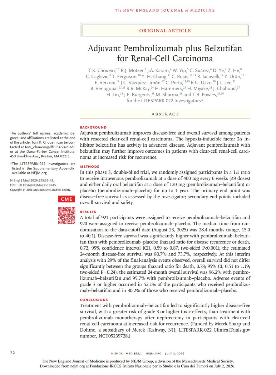 g_procopio_'s tweet photo. Published in @NEJM: Phase 3 LITESPARK-022 shows improved disease-free survival with adjuvant pembrolizumab + belzutifan in #ccRCC after surgery. @elena_verzoni is among the authors, with @IstTumori at the forefront of advancing #adjuvant treatment.
https://t.co/Yt6VOcLrgF https://t.co/oZNgXtTHXb