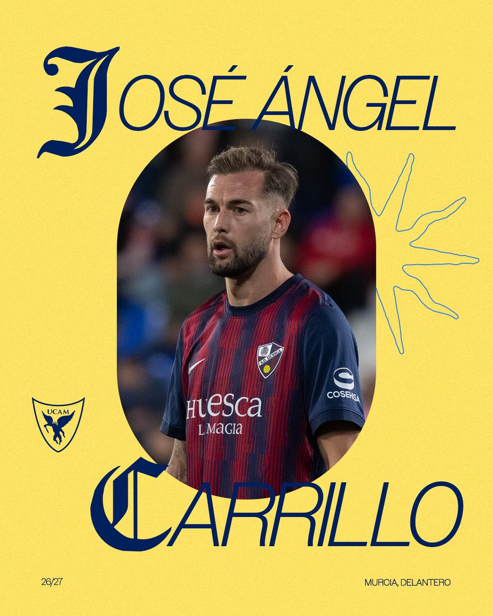 UCAMMurciaCF's tweet photo. ✍️🏻 𝐎𝐅𝐈𝐂𝐈𝐀𝐋 | José Ángel Carrillo, nuevo delantero del UCAM Murcia CF.

El futbolista murciano llega tras disputar más de 180 partidos en el fútbol profesional y superar la treintena de goles en Segunda División.

📰 https://t.co/UtPC1ju6zP

#BienvenidoCarrillo | 2026/27 https://t.co/ct1oMnSLnW