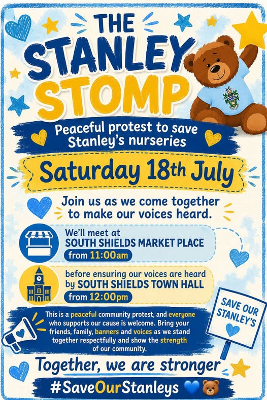 EmmaLewell's tweet photo. I will be joining parents, carers, families and children at the Save Our STANLEYs peaceful protest. 👪🪧

Let's come together and save our STANLEYs 
Save Our Stanley’s South Tyneside. 🧸 https://t.co/KswPwEFrRN