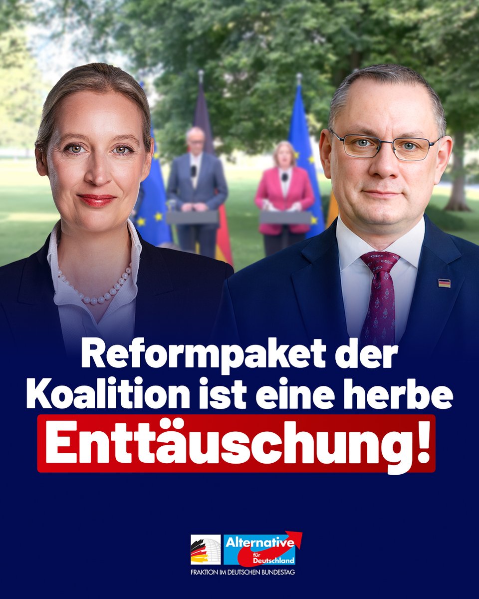 AfDimBundestag's tweet photo. „Für die Bürger und für die deutsche Wirtschaft ist das angebliche ‚Reformpaket‘ der schwarz-roten Koalition eine herbe Enttäuschung. Die hochtrabende Rhetorik, mit der die Koalitionäre sich selbst feiern, steht in krassem Missverhältnis zum kleinmütigen Ergebnis. Diese Regierung hat ein weiteres Mal unter Beweis gestellt, dass ihr zu wirksamen Reformen, die diesen Namen auch verdienen, die Kraft und der Wille fehlen.
Die großspurig verkündete Miniatur-Steuerentlastung ist angesichts von Rekordsteuereinnahmen und eines Gesamtsteueraufkommens von fast einer Billion Euro weniger als ein Tropfen auf den heißen Stein. Was den Beziehern kleiner und mittlerer Einkommen dabei theoretisch mehr in der Tasche bleibt, wird allein von den beschlossenen Erhöhungen der Sozialabgaben mehr als wieder aufgefressen. Die Erhöhung des Spitzensteuersatzes unter dem Etikett ‚Reichensteuer‘ trifft auch viele Mittelständler hart. Dass die volle Wirkung der Mini-Entlastung für Familien erst ab 2028 eintreten soll, ist angesichts der finanziellen Belastungen vieler Familien nicht nachvollziehbar.
Dieses ‚Reformpaket‘ verdient die Bezeichnung nicht. Es ist lediglich ein symbolpolitischer Verschiebebahnhof innerhalb eines völlig aus dem Ruder gelaufenen Systems. Wo an einer Stelle minimal entlastet wird, steigen an anderer Stelle die Belastungen umso drastischer. Die Koalition spart nicht, das Gesamtvolumen staatlicher Ausgaben sinkt nicht, und damit erhalten Bürger und Unternehmer auch keinerlei Spielraum für Investitionen und privaten Konsum. Die Maßnahmen der Koalition werden keinen maßgeblichen Effekt hin zu einem dringend notwendigen Wirtschaftswachstum haben.
Das Grundproblem bleibt bestehen: Die Staatsquote von 51,4 Prozent und die Staatsausgaben sind zu hoch, die öffentliche Hand beansprucht viel zu viel von dem Geld, das Bürger und Unternehmen erwirtschaften, und verschwendet einen großen Teil davon für unsinnige und schädliche Ausgaben.
Über das, was wirklich getan werden muss und wozu tatsächlich Mut erforderlich wäre, verlieren die Koalitionäre kein Wort. Nichts zur Streichung unnötiger Staatsausgaben und Subventionen, nichts zum Rückbau des unkontrolliert wuchernden Staatsapparats und öffentlichen Sektors, nichts zur Unterbindung der Massenmigration in die Sozialsysteme, nichts zur Senkung der viel zu hohen Energiekosten, die den Bürgern die Luft zum Atmen nehmen, die Unternehmen und Arbeitsplätze aus dem Land und Deutschland in die Deindustrialisierung treiben. Schwarz-Rot setzt den verhängnisvollen Irrweg der Energiewende unbeirrt fort.“
@Alice_Weidel und @Tino_Chrupalla zu den Ergebnissen des Koalitionsausschusses.