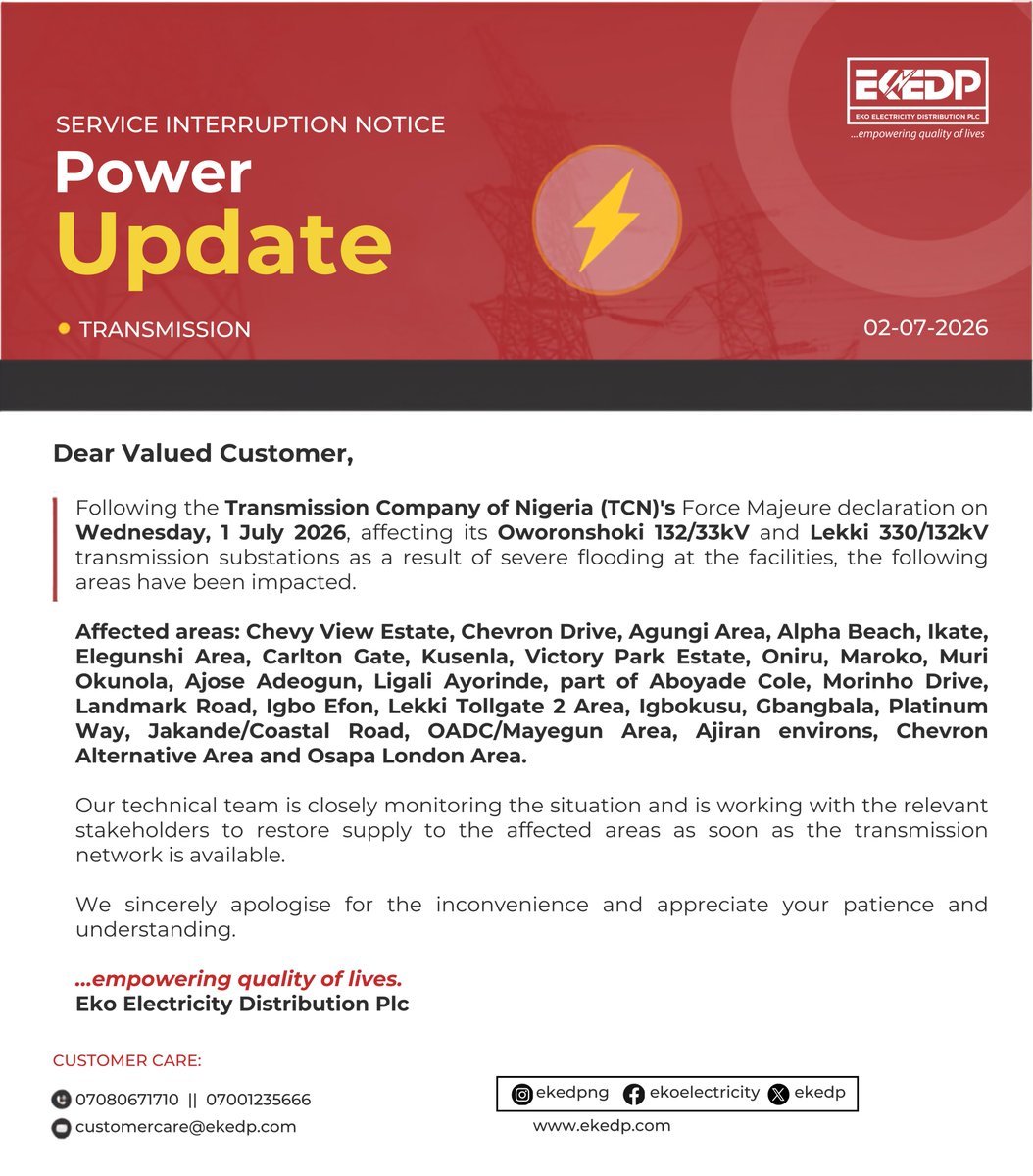 EKEDP's tweet photo. Affected areas: Chevy View Estate, Chevron Drive, Agungi Area, Alpha Beach, Ikate, Elegunshi Area, Carlton Gate, Kusenla, Victory Park Estate, Oniru, Maroko, Muri Okunola, Ajose Adeogun, Ligali Ayorinde, part of Aboyade Cole, Morinho Drive, Landmark Road, Igbo Efon, Lekki Tollgate 2 Area, Igbokusu, Gbangbala, Platinum Way, Jakande/Coastal Road, OADC/Mayegun Area, Ajiran environs, Chevron Alternative Area and Osapa London Area.
#EKEDP