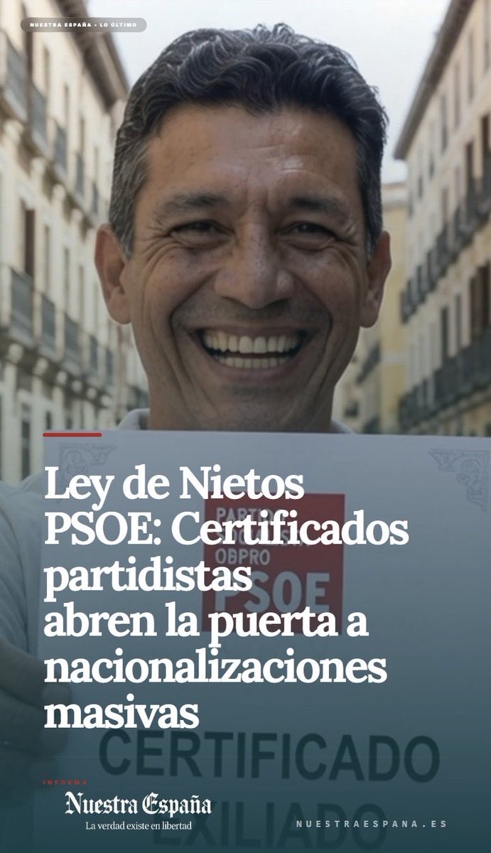 esnuestraespana's tweet photo. 🟥España para socialistas
Ley de Nietos PSOE: Certificados partidistas abren la puerta a nacionalizaciones masivas👉https://t.co/M4k7QDo5hN
¡Síguenos para más noticias!
#NuestraEspaña #Noticias #LeyDeNietos #PSOE #Exiliados #FraudeElectoral https://t.co/tStqX3aSNe