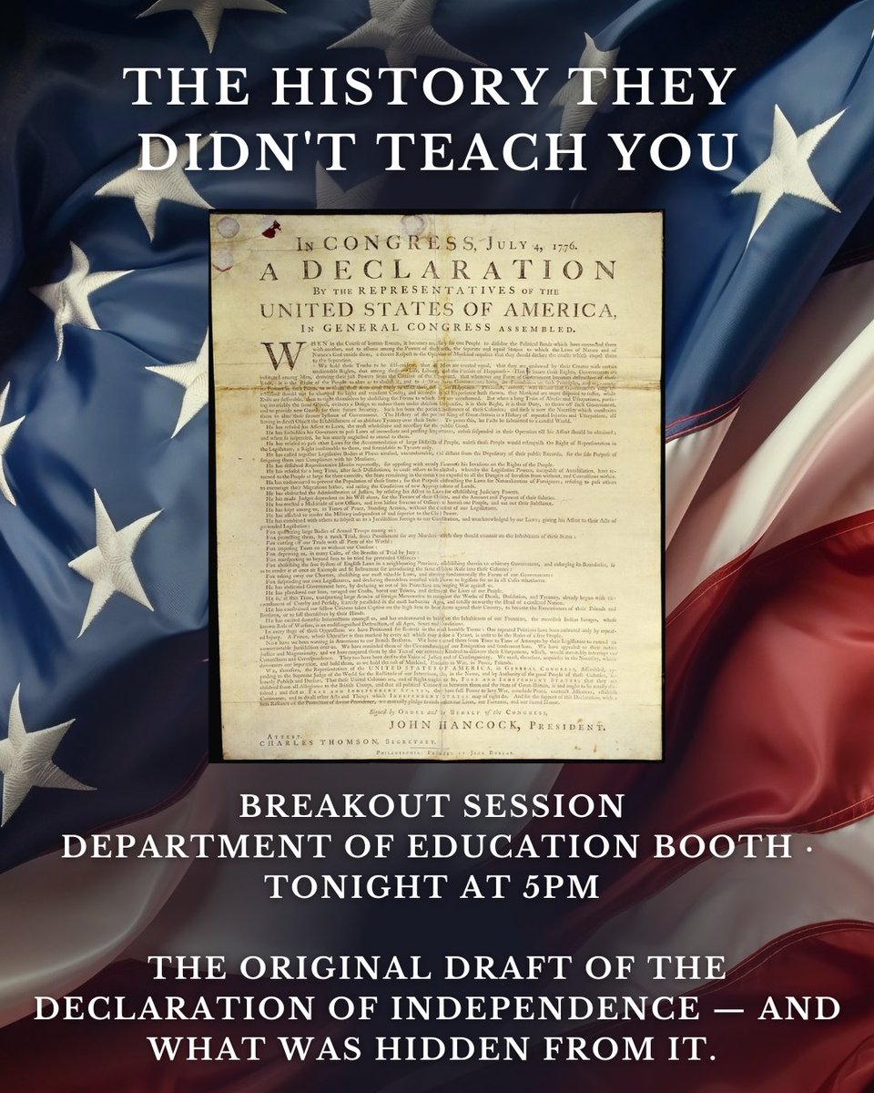 aje1776's tweet photo. 🚨 If you're at the Great American State Fair — be at the Dept. of Education booth TONIGHT at 5PM.
Our Director of Education is breaking down the hidden history of the Declaration's original draft. First person there gets a limited edition America 250 coin.
Don't miss it. @usedgov