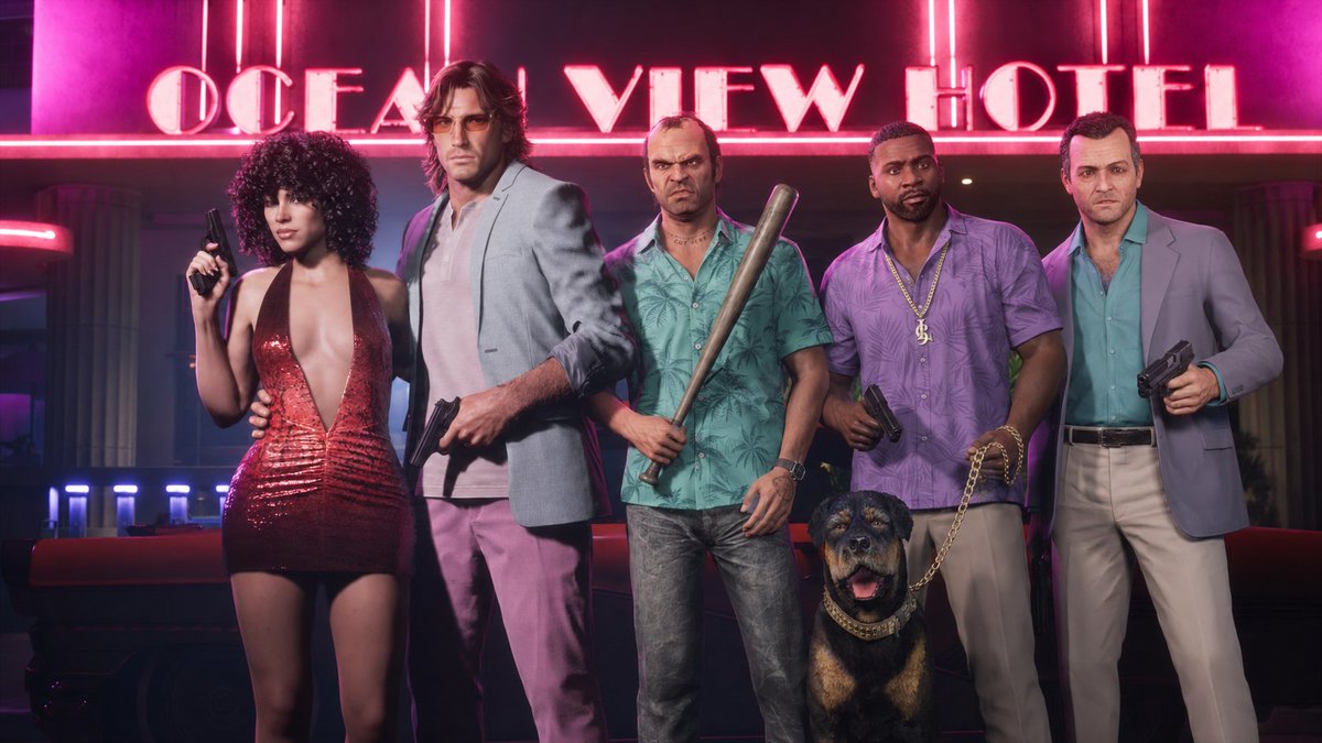 Officer91_'s tweet photo. The three trio, Michael DeSanta, Franklin Clinton, Trevor Phillips, take on Vice City with Jason Duval and Lucia Caminos.

 #GTA #GTAV #GTAVI https://t.co/iRFIiwFBIg