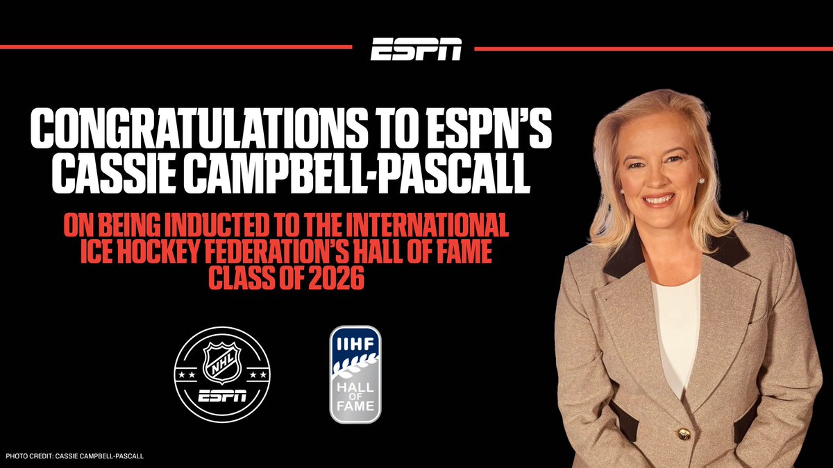 ESPNPR's tweet photo. Congratulations to ESPN NHL analyst @CassieCampbell who was recently inducted into the @IIHFHockey Hall of Fame Class of 2026 👏

In addition to her Olympic accolades, Campbell-Pascall is a 6x IIHF Women's World Champion gold medalist https://t.co/5WgqjX9PpY