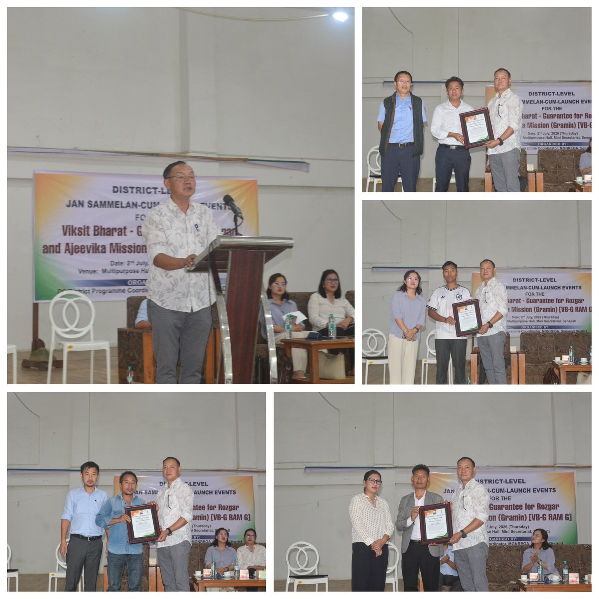 DioSenapati's tweet photo. The District Administration, Senapati, today launched VB-GRAM-G (Viksit Bharat – Guarantee for Rozgar & Ajeevika Mission-Gramin) during the District-Level Jan Sammelan at Multipurpose Hall, Mini Secretariat, Senapati. The mission aims to strengthen rural livelihoods, provide up to 125 days of guaranteed wage employment, and promote sustainable, community-led development. #ViksitBharat #VBGRAMG #MGNREGA #Senapati
