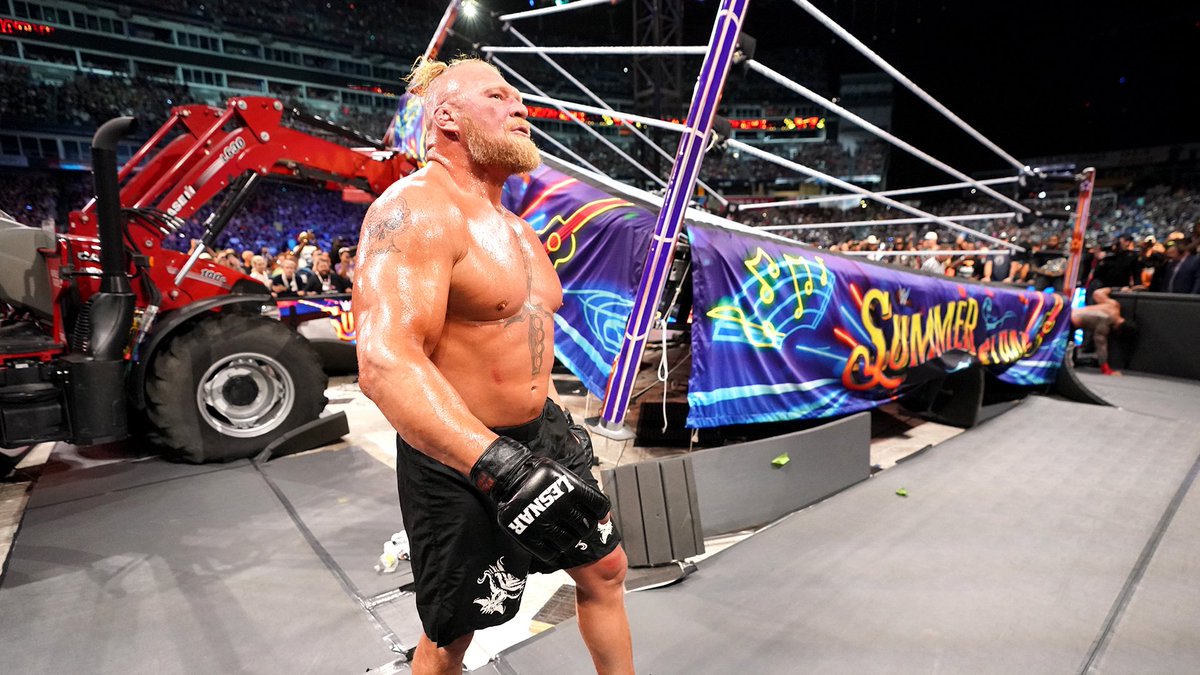 WrestleFeatures's tweet photo. Brock Lesnar's SummerSlam history:
2002: vs. The Rock
2003: vs. Kurt Angle
2012: vs. HHH
2013: vs. CM Punk
2014: vs. John Cena
2015: vs. Undertaker
2016: vs. Randy Orton
2017: vs. Reigns, Braun & Samoa Joe
2018: vs. Reigns
2019: vs. Rollins 
2022: vs. Reigns
2023: vs. Cody Rhodes
2026: vs. Oba Femi