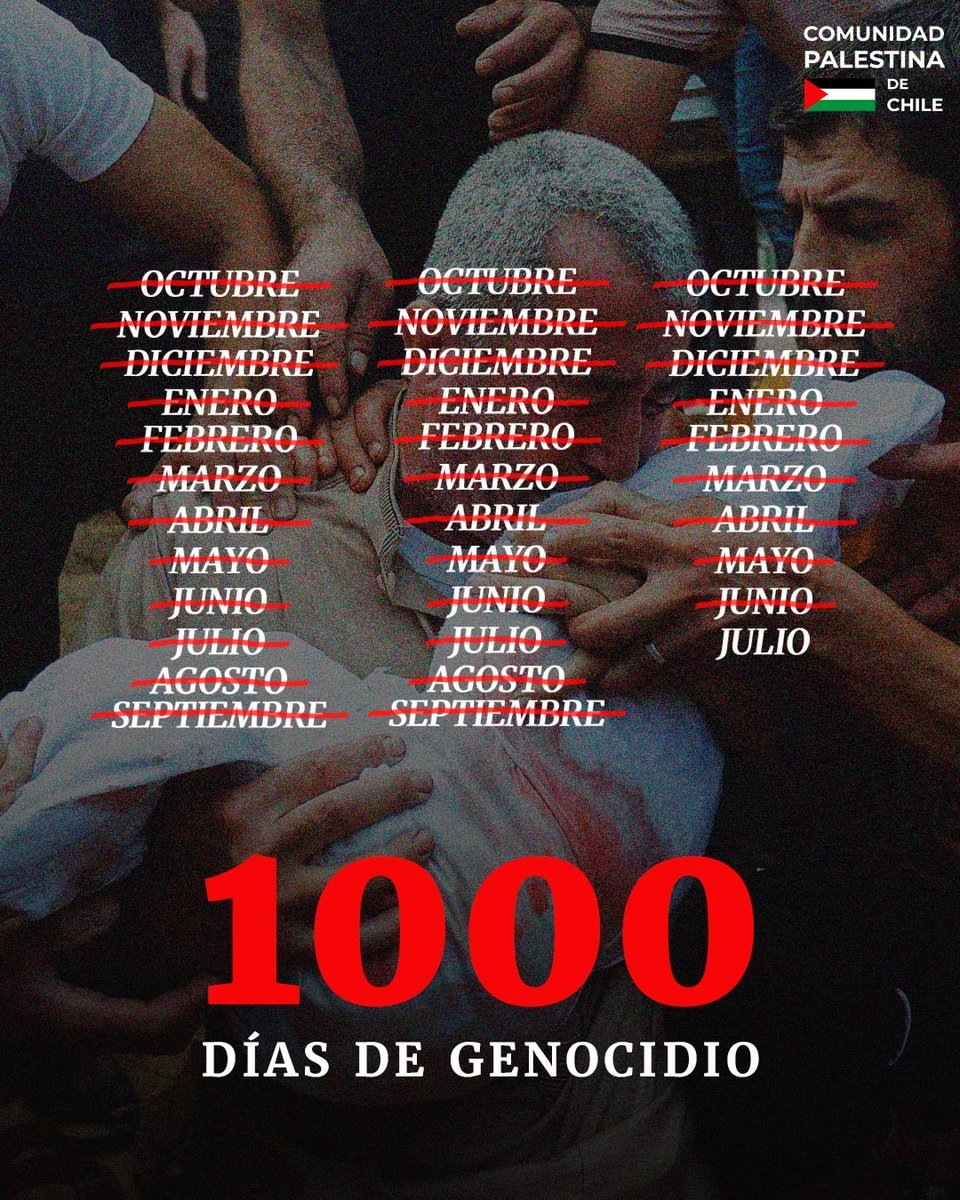 ComPalestinaCL's tweet photo. 1.000 días.

El genocidio continúa.

¿Cuántos días más?

#Palestina #Gaza #1000Días #FreePalestine https://t.co/Fvg7nCMSIT