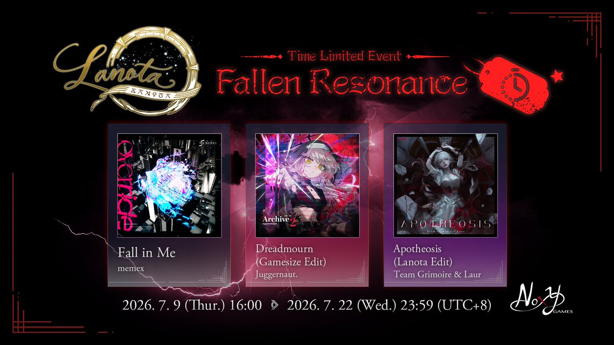 Noxy_Lanota_EN's tweet photo. Only through the deepest dream can we awaken the most breathtaking melody.
The 10th Anniversary Eve Time-Limited Event "Fallen Resonance" coming soon!

Fall in Me / memex
Dreadmourn (Gamesize Edit) / Juggernaut.
Apotheosis (Lanota Edit) / Team Grimoire &amp; Laur

#Lanota #LanotaGame https://t.co/q13CRlp4hb