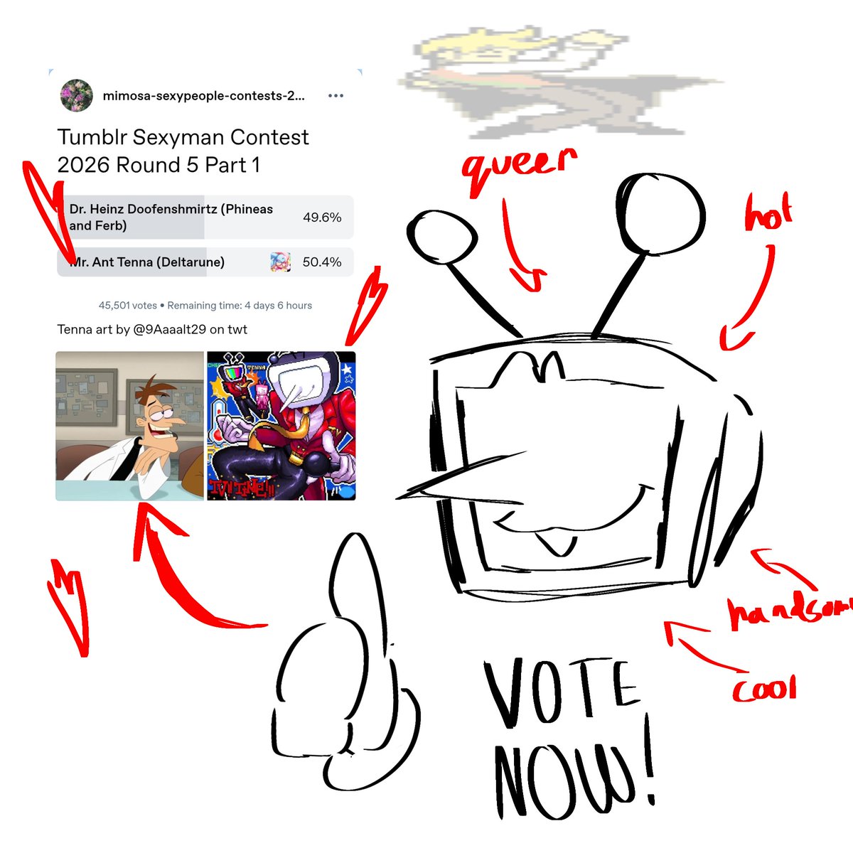 orbitlastor's tweet photo. VOTE TENNA FOR TUMBLR SEXYMAN 2026 AND ILL DRAW ANYTHING 4 FREE PLS NEUTRALS WE NEED THIS

https://t.co/5wmMeUxozE

#deltarune https://t.co/GIWOFjiMiW