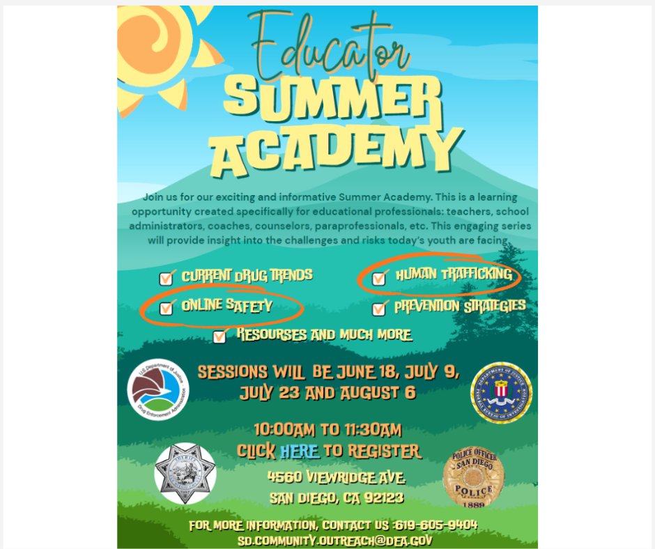 DEASANDIEGODiv's tweet photo. One week from today! Join us for part 2 of our Summer Academy on July 9. @FBISanDiego will discuss online safety and human trafficking. Bring a friend and join us for this educational opportunity. @SDSheriff @SanDiegoPD @DEAHQ @TheJusticeDept https://t.co/TIYILgf7RB