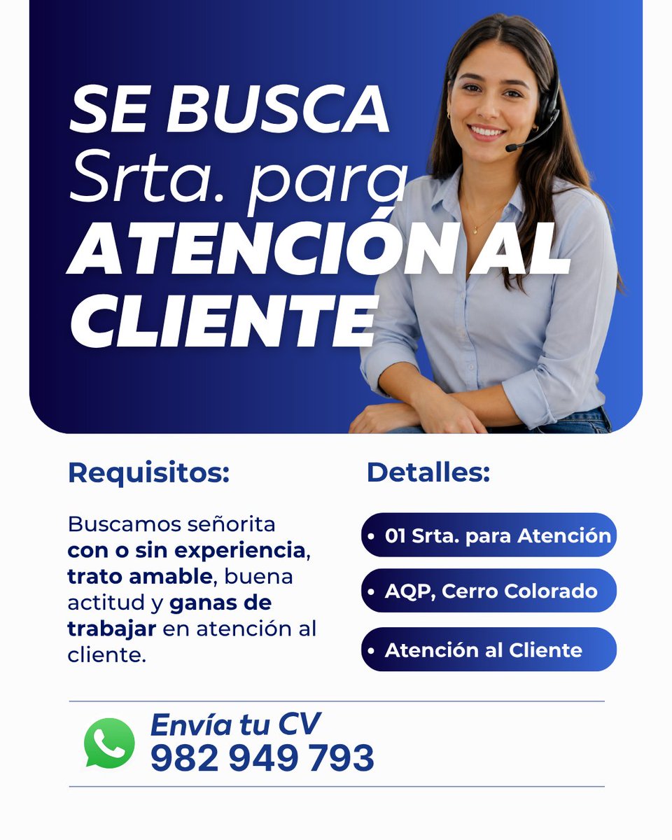 OflikSocial's tweet photo. Trabajo disponible en Arequipa.

✅ 02 Estibadores
✅ 01 Asistente de Producción
✅ 01 Srta. Atención al Cliente

Con o sin experiencia.
Se busca personal con ganas de trabajar y actitud proactiva.

🔗 Más información aquí:
https://t.co/6fJNWhDpCo

#TrabajoArequipa https://t.co/uJFUkoWa4V