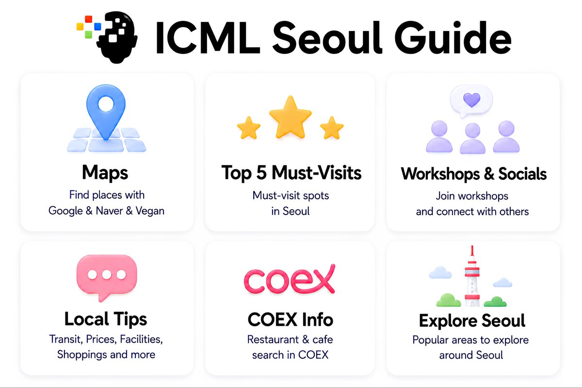 ohmyksh's tweet photo. For Seoulmaxxing @ ICML!

(New Updates)
- Naver Map: https://t.co/PVNcFdJHHu
- Vegetarian-Friendly Places: https://t.co/qezzmuq5Il

Check out the website for the latest updates and more details!

https://t.co/AdN1sHMg1I