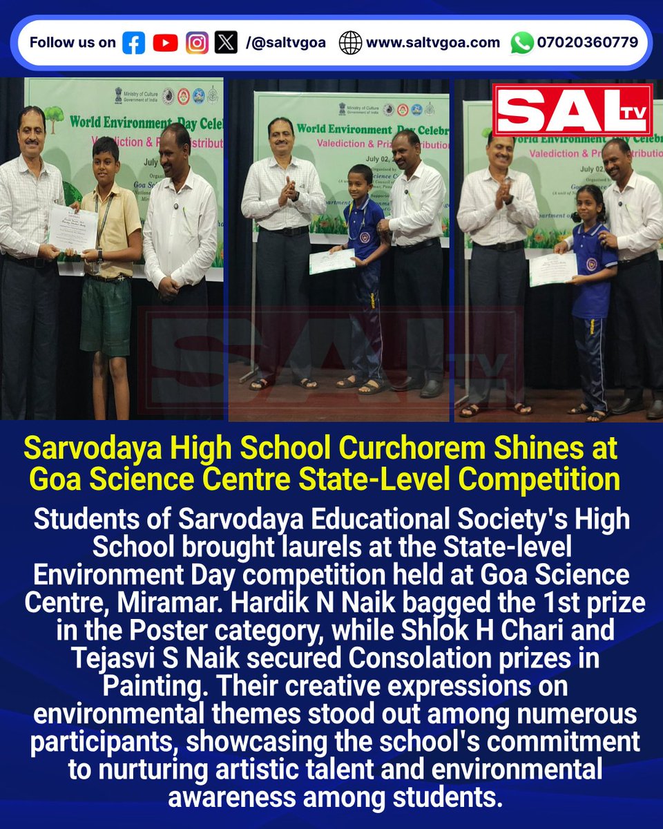 SaLtvgoa's tweet photo. Sarvodaya High School Curchorem Shines at Goa Science Centre State-Level Competition
🔴Get the latest headlines, updates, and live streams—follow SAL TV now!
#Curchorem #EnvironmentDay #StudentAchievement #SarvodayaHighSchool #GoaScienceCentre https://t.co/Ka4i5tuwO2