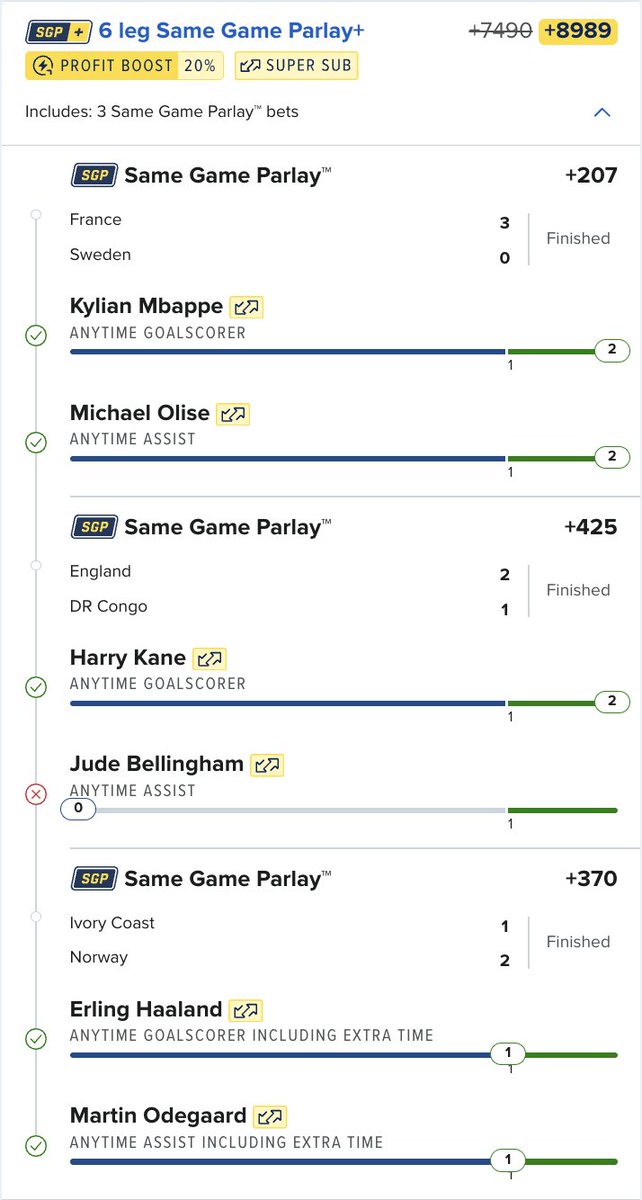 thepropdealer's tweet photo. This is how close we were to winning another $1,000 World Cup parlay yesterday..

One. Leg. Away.

I've found the PERFECT Goal &amp; Assist parlay for today.

Who's ready for it? 📈 https://t.co/w4Kk9aZvp1