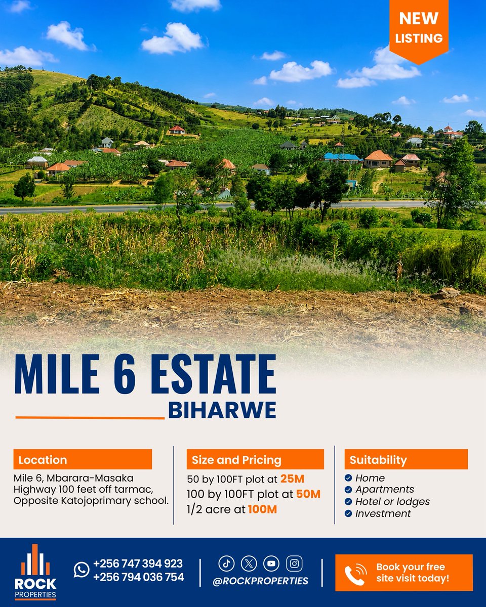 rockpropertiess's tweet photo. 🏡 Own your piece of the future at Mile 6 Estate, Koranorya!
✔ 100 ft off Mbarara–Masaka Highway
✔ Ready for homes, apartments & investment
✔ Plots from UGX 25M
📞 Call us and book your FREE site visit today.
#RockProperties #RealEstateUganda #LandForSale #PropertyInvestment https://t.co/WXYLQ4Tbpe