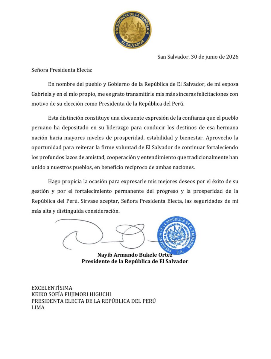 SofiaLopezLl's tweet photo. El presidente de El Salvador, Nayib Bukele, envió una carta de felicitación a la lideresa de Fuerza Popular, Keiko Fujimori, tras confirmarse que ganó las elecciones presidenciales. https://t.co/4fnuOzQ1r1