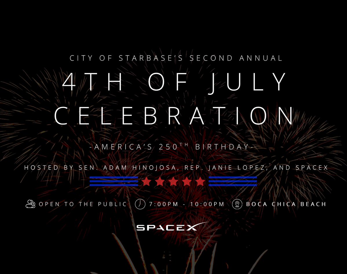StarbaseTX's tweet photo. Join us on Saturday for the City of Starbase's Second Annual 4th of July Celebration. 

Bring your family, enjoy an evening with the community, and celebrate Independence Day together. https://t.co/92yquhDMpi