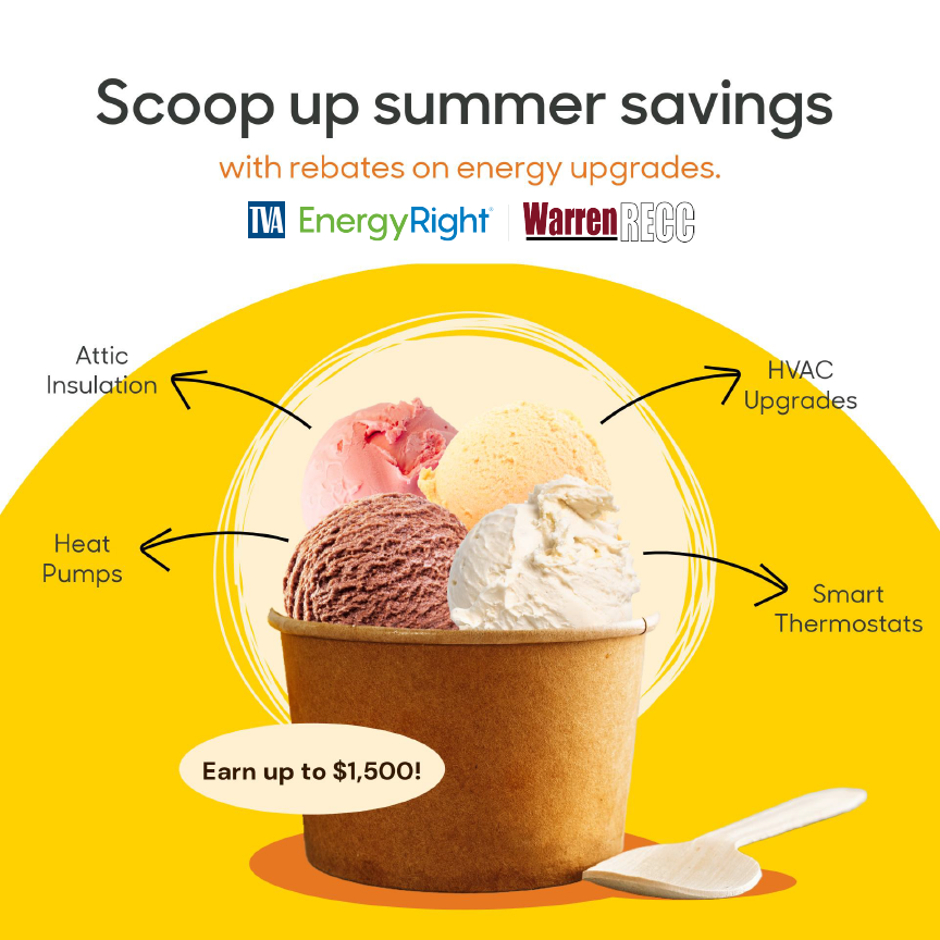 WarrenRECC's tweet photo. What is your favorite flavor of saving? 🍨 With rebates from @TVAEnergyRight, you don't have to settle for just one! ​​Get a flight of flavors and earn up to $1,500 in rebates on projects such as HVAC upgrades or attic insulation.​​Learn more about rebates at https://t.co/VFfwjMy3RC