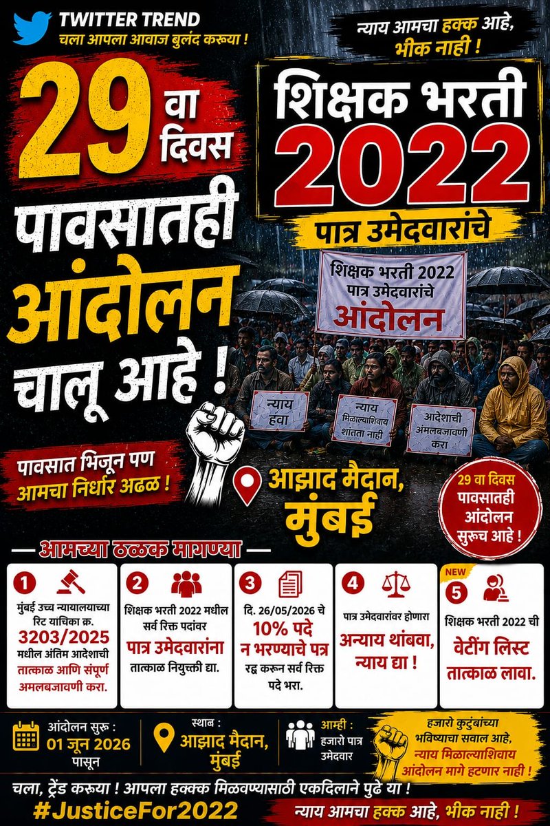 MuleSawata's tweet photo. @Shivsenaofc आम्ही याजागी 30 दिवस बसलो  मंत्री आम्हाला 2 मिनीट सुद्धा भेटले नाहीत या लोकांचा इतका पुळका का?

आम्ही 5-5 वेळा tet सारख्या परीक्षा पास होऊन आम्ही गरीब आहोत म्हणून आम्हाला टाळले का?
तळतळाट घेऊ नका? @mieknathshinde @dadajibhuse @ChivateMangesh https://t.co/LDhQTWCWKY