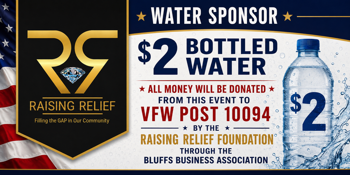 BluffsBusiness's tweet photo. A huge thank you to the Raising Relief Foundation for sponsoring our Water Station during America's 250th Birthday Celebration!
📍 VFW Post 10094
 📅 July 4th
👉Learn more at https://t.co/96g0PJXsjT
#BBAstrong #AMERICA250 #RaisingReliefFoundatiON #RealLarryBell https://t.co/bMq0J3lgEH