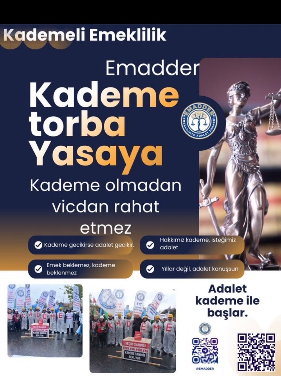 Sonerna75075622's tweet photo. Adalet, kanunun vicdanla buluştuğu yerdir. 
1 günlük işe giriş farkının akranlar arasında 17-20 yıllık emeklilik farkına dönüşmesi, hakkaniyet açısından yeniden değerlendirilmeyi hak etmiyor değil.
@EmadDernegi
#KademeTorbaYasaya https://t.co/RtTmNU899t