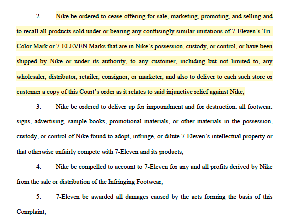 houseofheat's tweet photo. 7-Eleven is asking the court to order Nike to stop offering, marketing, promoting, selling, and recalling any products sold under or bearing confusingly similar imitations of 7-Eleven’s Tri-Color Mark or 7-Eleven Marks that are in Nike’s possession, custody, or control, or have already been shipped by Nike or under its authority.