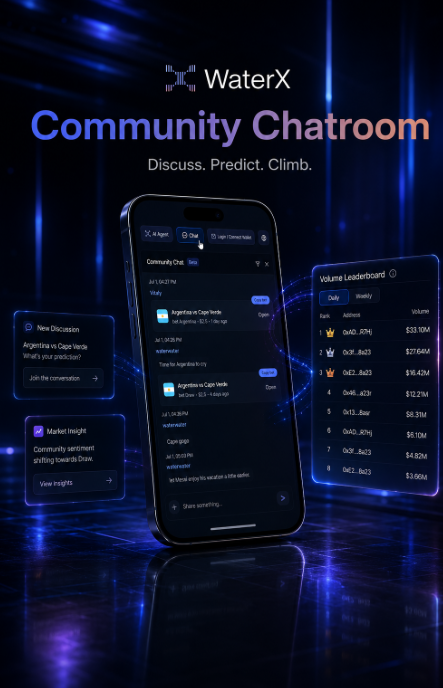 LisaJet34's tweet photo. The best predictions don't start with a bet.
They start with a conversation.💬
Share insights, refine your view, and climb the leaderboard with Community Chatroom on @WaterX_app. 

Discuss. Predict. Climb.
 #WaterX https://t.co/7QTrytRIKe