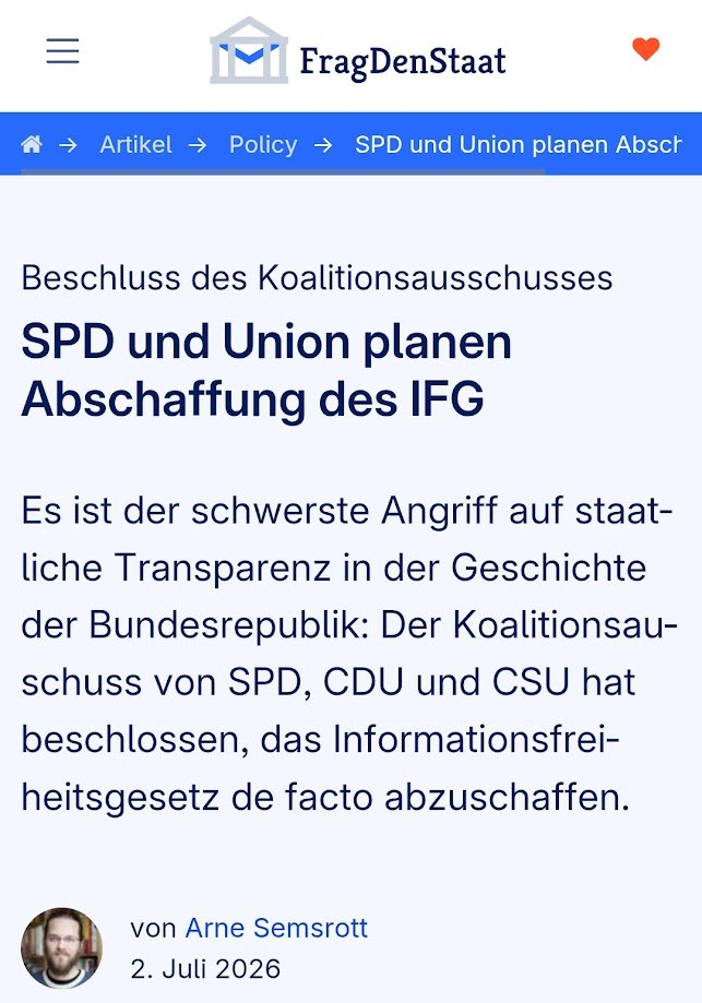djpr's tweet photo. Der nächste Wortbruch.

Im Koalitionsvertrag versprachen Union und SPD beim IFG mehr Transparenz und öffentliche Kontrolle. Wörtlich: „Das Informationsfreiheitsgesetz in der bisherigen Form wollen wir mit einem Mehrwert für Bürgerinnen und Bürger und Verwaltung reformieren.“

Jetzt will die Koalition genau dieses Gesetz faktisch beerdigen: keine Anfragen mehr für zivilgesellschaftliche Organisationen, massive Hürden für journalistische Recherchen, absurd hohe Gebühren und pauschale Schwärzungen.