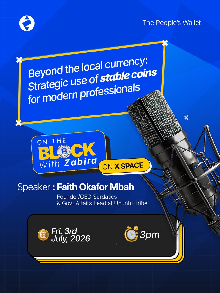 TheZabira's tweet photo. On the block with Zabira is back!

Join us on X Space this Friday, 3rd of July 2026 at 3pm as we team up with Blockchain expert @eWealthatlantic for a big conversation about strategic use of stable coins for modern professionals. 

#zabira #ontheblock https://t.co/nxUSJghvjL