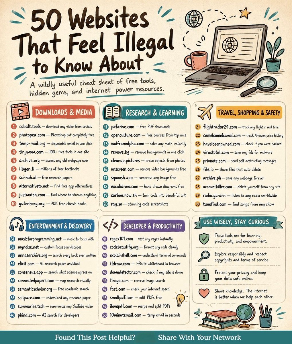 Sia_TechAi's tweet photo. 50 Websites that feel illegal to know:

DOWNLOADS & MEDIA
1. https://t.co/HlNtDoq2XD — download any video from socials
2. https://t.co/04SIvMexIu — Photoshop but completely free
3. https://t.co/lniYACwJpi — disposable email in one click
4. https://t.co/FaIbzkWxCr — 100+ free tools in one site
5. https://t.co/T7cN4toaR5 — access any old webpage ever
6. https://t.co/x2EYAiwQxt — millions of free textbooks
7. https://t.co/C1XbjBxSw4 — free research papers
8. https://t.co/REGnRWlXZy — find free app alternatives
9. https://t.co/Q3PyEECdp5 — find where to stream anything
10. https://t.co/zkYukaR7XP — 70K free classic books

RESEARCH & LEARNING
11. https://t.co/HJULAKhrTw — free PDF downloads
12. https://t.co/dOm8fOIRU3 — free courses from top unis
13. https://t.co/XuR8gEonKZ — solve any math instantly
14. https://t.co/zCNFSVfPwY — remove backgrounds in one click
15. https://t.co/kmkq42oSW3 — erase objects from photos
16. https://t.co/qTsTdyyGse — remove video backgrounds free
17. https://t.co/mXwZJTA7r0 — compress any image free
18. https://t.co/8lqfwpb4hg — hand draw diagrams free
19. https://t.co/qlx34xMh2c — turn code into beautiful art
20. https://t.co/RgXSSkqrtt — stunning code screenshots

TRAVEL, SHOPPING & SAFETY
21. https://t.co/4bhSTXMfCy — track any flight in real time
22. https://t.co/YBbyCtdTo5 — track Amazon price history
23. https://t.co/yAoce0mHWz — check if you were hacked
24. https://t.co/VSWMEXxMSt — scan any file for malware
25. https://t.co/wceLcYp7an — send self destructing messages
26. https://t.co/HYUw22Od86 — share files that auto delete
27. https://t.co/MrWcgLrISr — save any webpage forever
28. https://t.co/j6PIDA2o5N — delete yourself from any site
29. https://t.co/88ZqICuDhc — listen to any radio worldwide
30. https://t.co/TUHcyDwtH2 — find songs from any show

ENTERTAINMENT & DISCOVERY
31. https://t.co/K9j1BdZ1y3 — music to focus with
32. https://t.co/DoSRF1EsJQ — custom focus soundscapes
33. https://t.co/B6kgtWwfqh — search every book ever written
34. https://t.co/3EXKteXwcb — AI research paper assistant
35. https://t.co/wEGDqFwEXW — search what science agrees on
36. https://t.co/EdYliFpx8n — map research visually
37. https://t.co/NIBhjziK7j — free academic search
38. https://t.co/JMpbvavJnD — understand any research paper
39. https://t.co/2Wziwd2JHy — summarize any YouTube video
40. https://t.co/397hvbx3r7 — AI search for developers

DEVELOPER & PRODUCTIVITY
41. https://t.co/3lbZseL9Dg — test any regex instantly
42. https://t.co/O8RiYkrL7S — format any code cleanly
43. https://t.co/OV02golcdc — understand terminal commands
44. https://t.co/wjFCI41pme — infinite whiteboard in browser
45. https://t.co/REtu2bktQm — check if any site is down
46. https://t.co/FNqyCIJWqt — reverse image search
47. https://t.co/mJIVfWGKRv — check your internet speed
48. https://t.co/gGtXK3qTqr — edit PDFs free
49. https://t.co/Qv8Uu9IDwQ — merge and split PDFs
50. https://t.co/7Up6jmYY87 — temp email in seconds

Follow me @Sia_TechAi for more AI IDEA.