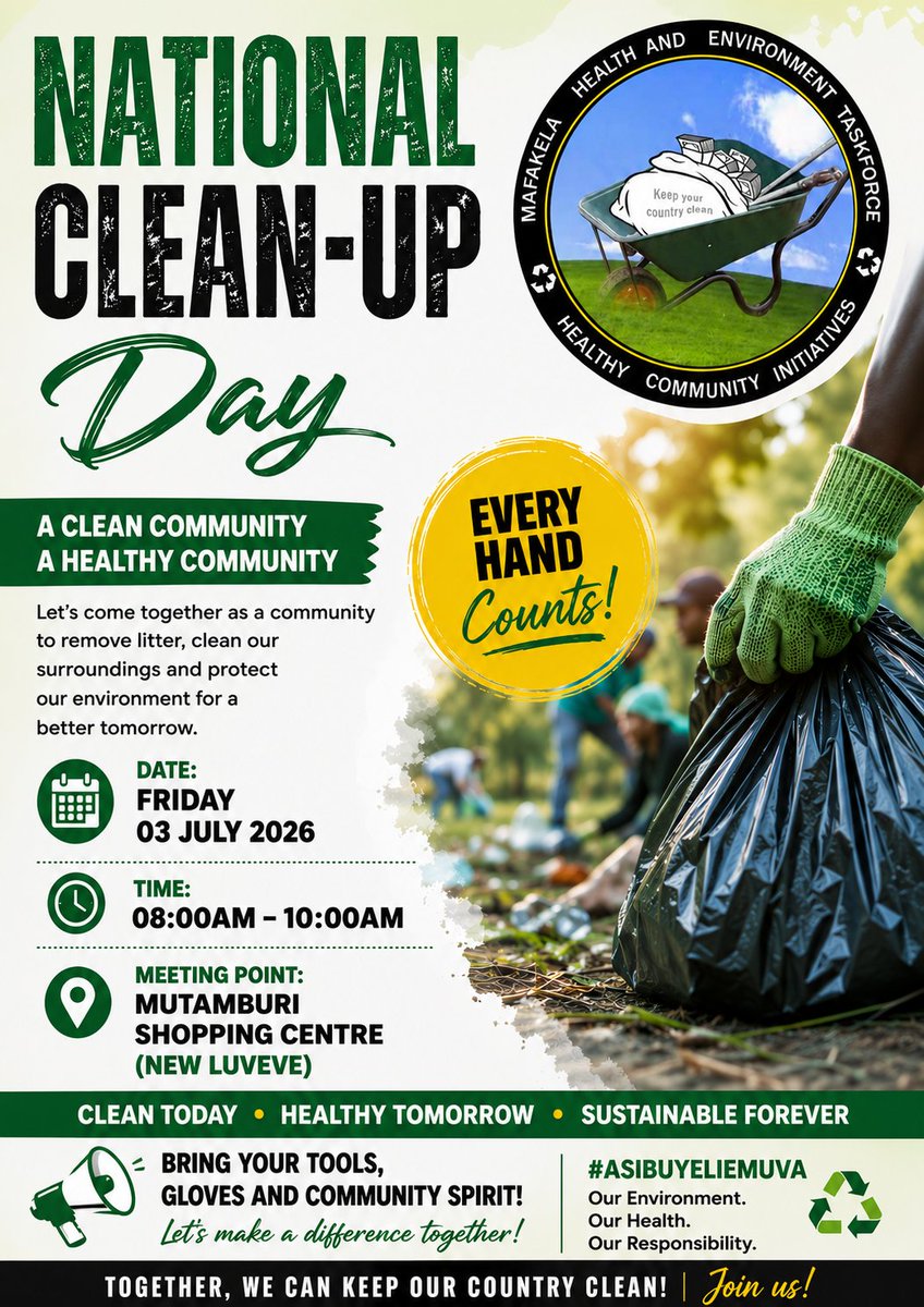 mafakela_hetf's tweet photo. Join the (MHETF) this Friday, 03 July 2026, as we come together to keep our communities clean, healthy, &amp; free from illegal dumping. Meeting Point is Mutamburi Shopping Centre from 08:00 – 10:00
Bring your working tools, protective clothing, and community spirit.
#AsibuyeliEmuva https://t.co/eoCYFK9gHH