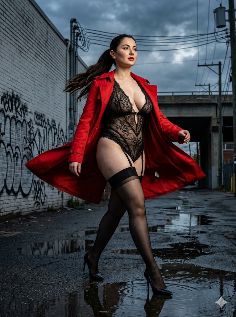 NewRahul321's tweet photo. Unapologetic energy. ⚡️ Blending raw urban grit with high-end, sensual editorial fashion. Which trench coat color are you choosing to own the streets today? 💚❤️

Disclaimer: This is an AI generated art. Resemblance to any real person is only a coincidence.

Prompt hints:

Photorealistic avant-garde editorial shot of a highly curvy 28-year-old South Asian woman with voluminous breasts and thick soft thighs, walking powerfully mid-stride down a gritty urban alleyway. She is wearing an open, billowing vibrant **[neon green / neon pink / cobalt blue / red]** trench coat over a dangerously low-cut sheer black lace bodysuit stretched under tension, paired with sheer black thigh-high stockings, suspenders, and black stiletto heels. Dark hair swaying in a ponytail, light red lips, confident upward gaze. Moody evening sky, high-contrast cinematic lighting, reflective asphalt puddles, hyper-detailed real skin texture with visible micro-pores, sensual and dramatic mood. Shot on Sony A7R V, 35mm lens, 8k resolution.