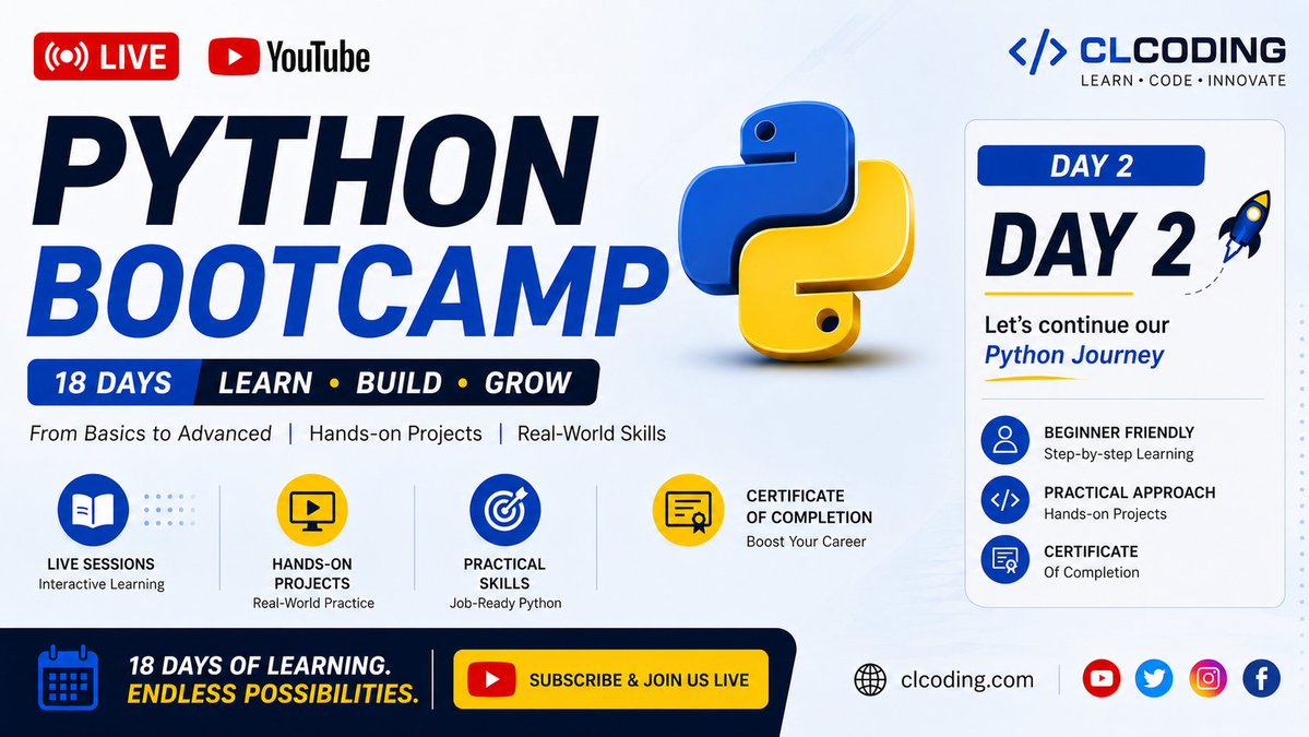 clcoding's tweet photo. July Python Bootcamp Day 2

Join Free: https://t.co/iakdRQbXIy https://t.co/GZb2kSn8tA