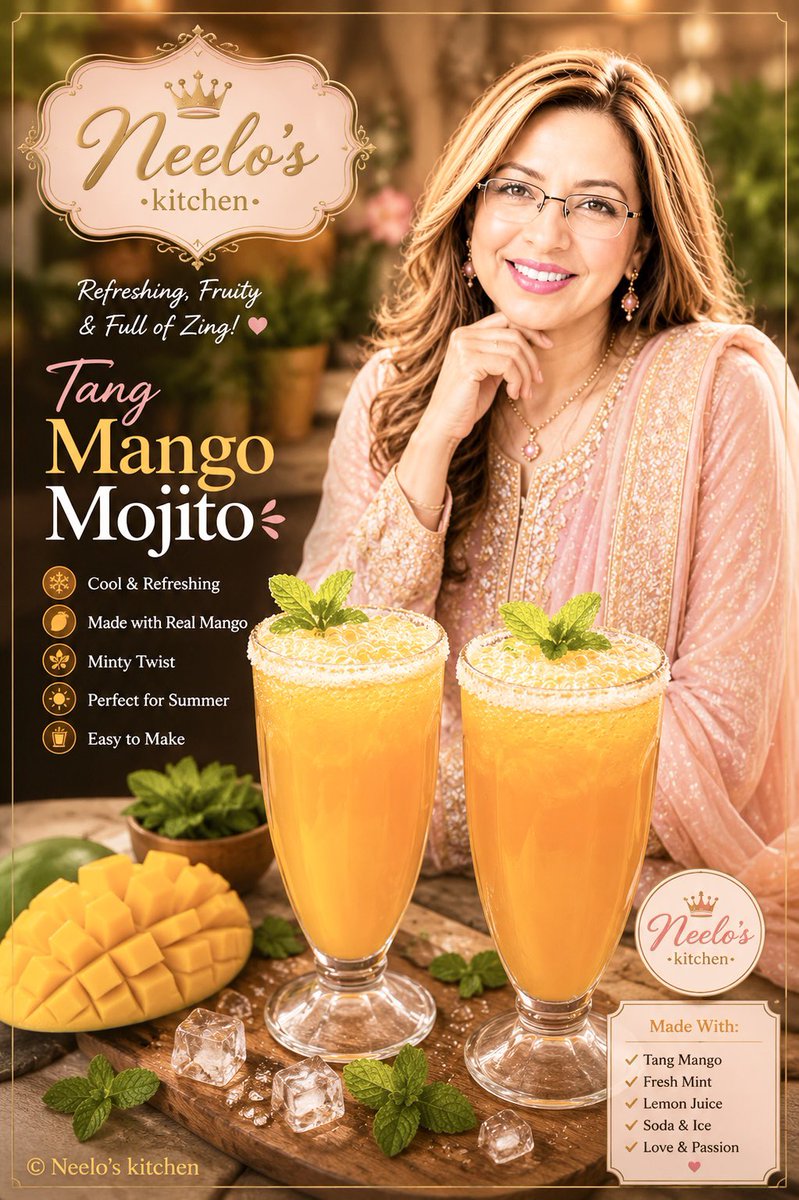 NeelosKitchen's tweet photo. Beat the summer heat with this super easy, refreshing Tang Mango Mojito! 🥭✨ Made with Tang Mango powder, fresh mint, lemon, and sparkling water – it’s fizzy, zesty, and full of real mango flavour. 
For recipe 👉 https://t.co/x4GhfjuhEF https://t.co/wGFzMzgWdk