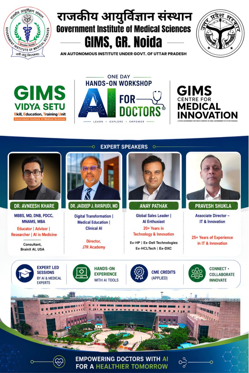 GIMS_Gr_Noida's tweet photo. ЁЯЪА Transform Healthcare with AI!
Join GIMS Greater NoidaтАЩs FREE AI Webinar Series & Hands-on Workshop on 4-07-2026. Learn practical AI, prompt engineering, research tools & healthcare applications.
ЁЯФЧ Register: https://t.co/1cZTzbZRqQ
#AI #HealthcareAI #MedicalEducation #GIMS https://t.co/eRK63tkLFA