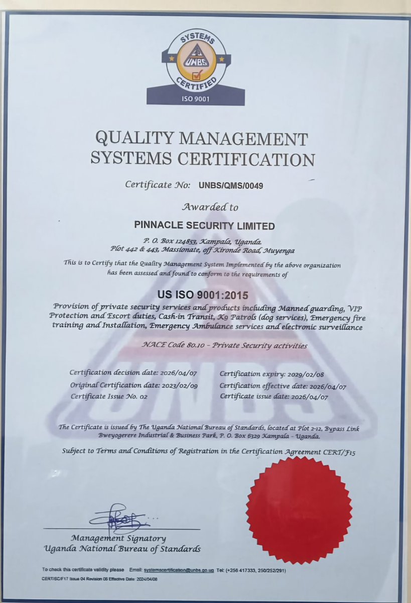 PinnacleSecEA's tweet photo. 📢  Pinnacle Security Limited remains dedicated to full compliance with national and international regulatory frameworks.

Through our alignment with @TupsaUg, @icoca_psc and @UNBSug (US ISO 9001-2015), we have continually guaranteed accountability, integrity, and respect for human rights by upholding these standards to provide premier and excellent services to our clients. 

💫 Benefits 🌟 

✅️ Have a competitive advantage in the market.
✅️ Enhance our reputation and credibility
✅️ Identify and mitigate risks
✅️ Address and close gaps for increased productivity among others...

#qualityassurance
#qualitymanagement
#ISOcertification