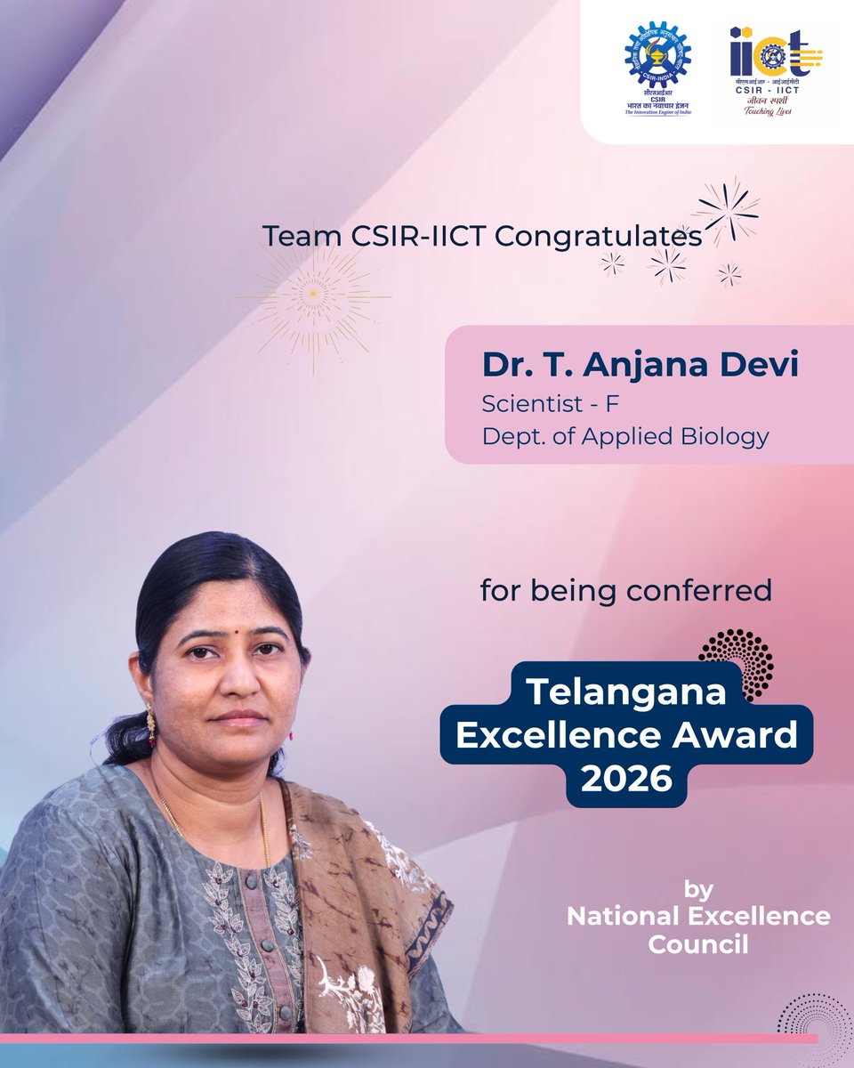 csiriict's tweet photo. #CSIRIICT congratulates Dr. Anjana Devi! 🎉

She has been conferred the Telangana Excellence Award 2026 by the National Excellence Council. 

@CSIRIndia @IndiaDST @CSIR_NIScPR 
#telanganaexcellenceaward2026 #ChemicalEngineering
#ResearchExcellence #ScientificInnovation https://t.co/mTd0Xc6STc