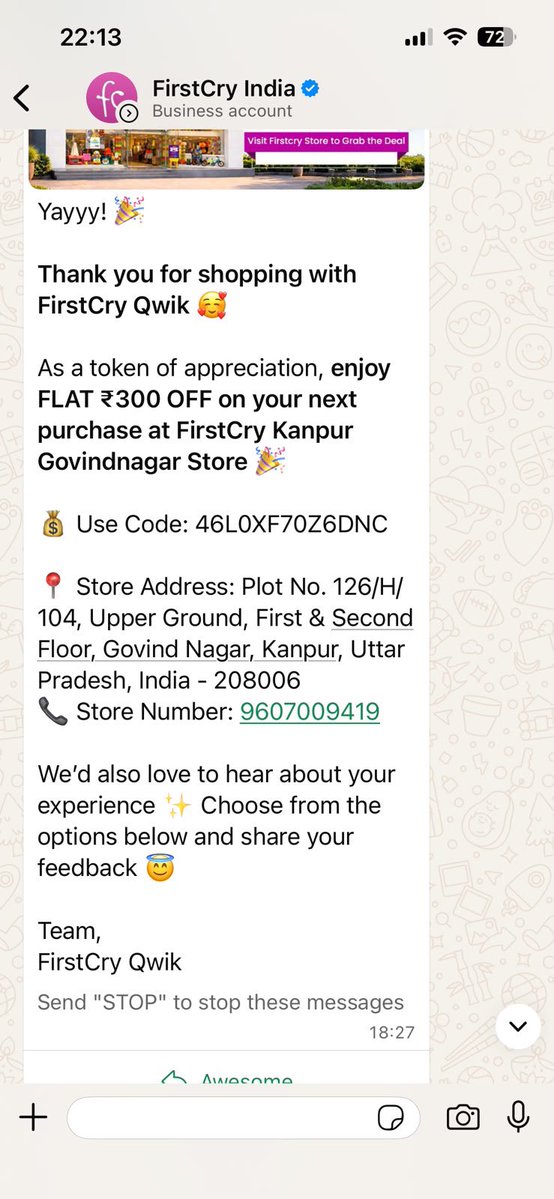 ankur4144's tweet photo. @firstcryindia Store is not allowing to use this coupon, what to do? https://t.co/ONcOptmqae