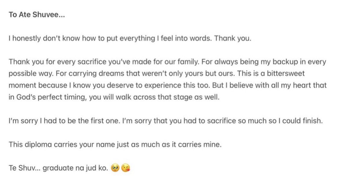 shuveedoo's tweet photo. “This is a bittersweet moment because I know you deserve to experience this too. 

I'm sorry I had to be the first one. I'm sorry that you had to sacrifice so much so I could finish.” 🥺🥺🥺 https://t.co/hDjBuZpYnU