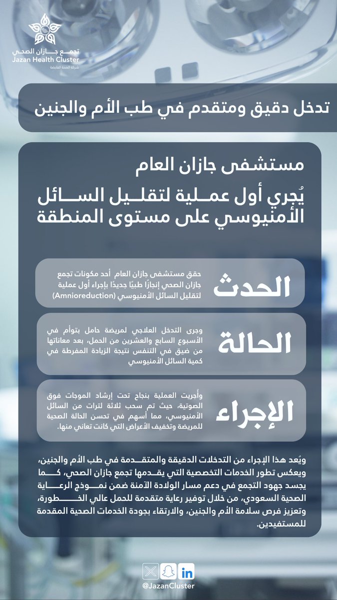 JazanCluster's tweet photo. #منجز_طبي |

مستشفى جازان العام، أحد مكونات #تجمع_جازان_الصحي، يُجري بنجاح أول عملية لتقليل السائل الأمنيوسي على مستوى المنطقة، ضمن خدمات طب الأم والجنين التخصصية. https://t.co/fNqYJ6AuMt