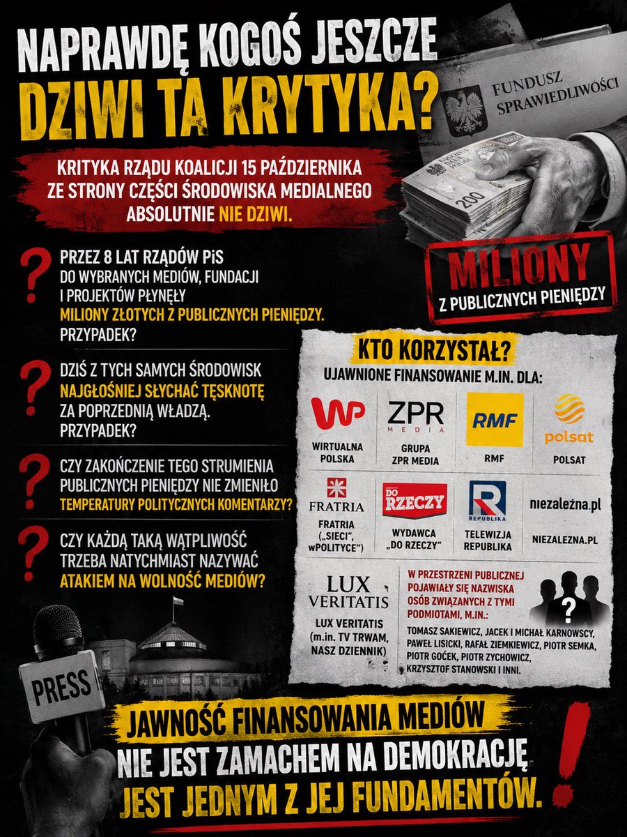 lachelndteufel's tweet photo. Ten plakat genialnie obnaża hipokryzję PiS-owskich mediów, przez 8 lat lały im się miliony publicznych złotych na konta WP, RMF, Polsatu, Do Rzeczy, Republiki i Lux Veritatis, a teraz, gdy strumień kasy się skończył, te same niby niezależne głosy płaczą, że zwykłe ujawnianie finansowania to atak na demokrację, klasyczna pisowska logika, jak kasa dla swoich to wolność słowa, a jak kontrola to już dyktatura.
PROSZĘ O RT!