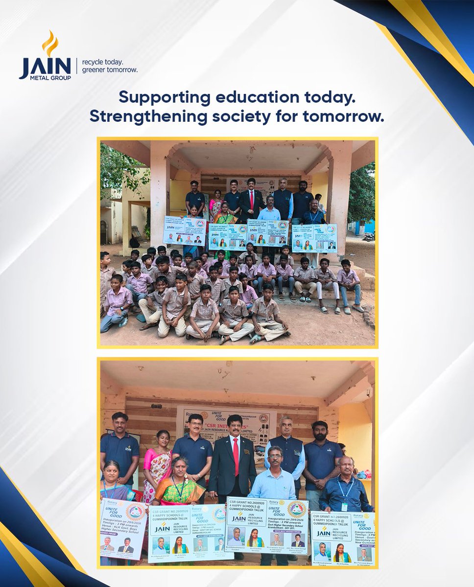jainmetalgrp's tweet photo. Proud to support the Happy Schools Project with the Rotary Club of Gummidipoondi, helping create better learning environments for young minds.

#JainResourceRecycling #CSR #HappySchools https://t.co/dglc3KwSQM