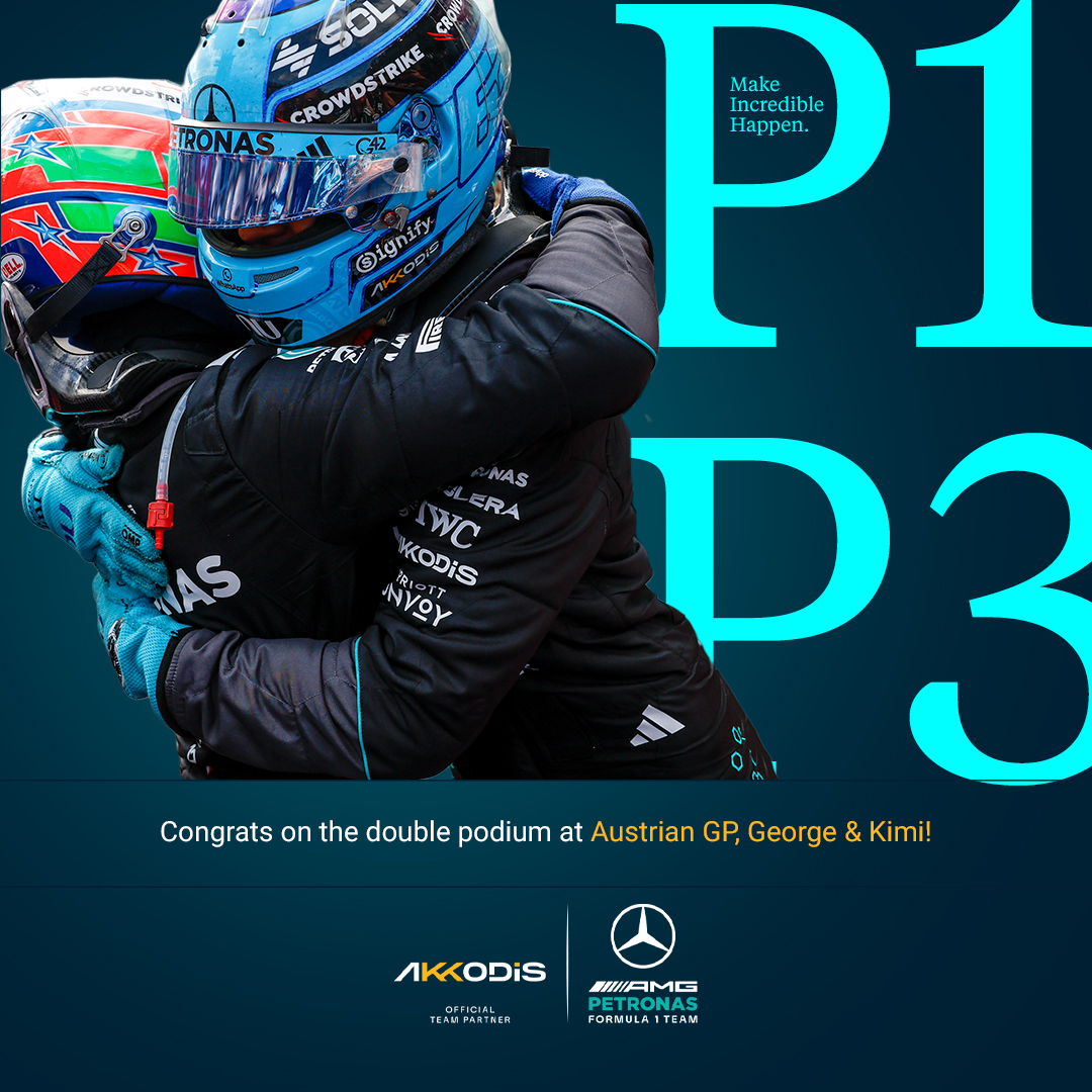 jamesbottari's tweet photo. Double podium unlocked! 🏆

P1 for George and P3 for Kimi at the Austrian GP. The Mercedes-AMG PETRONAS Formula One Team came back in full force with sharp strategy and pure pace.

Congratulations team 💪

#Akkodis #MercedesAMGF1 #Formula1 #Engineering https://t.co/4X3vQ2EXnN