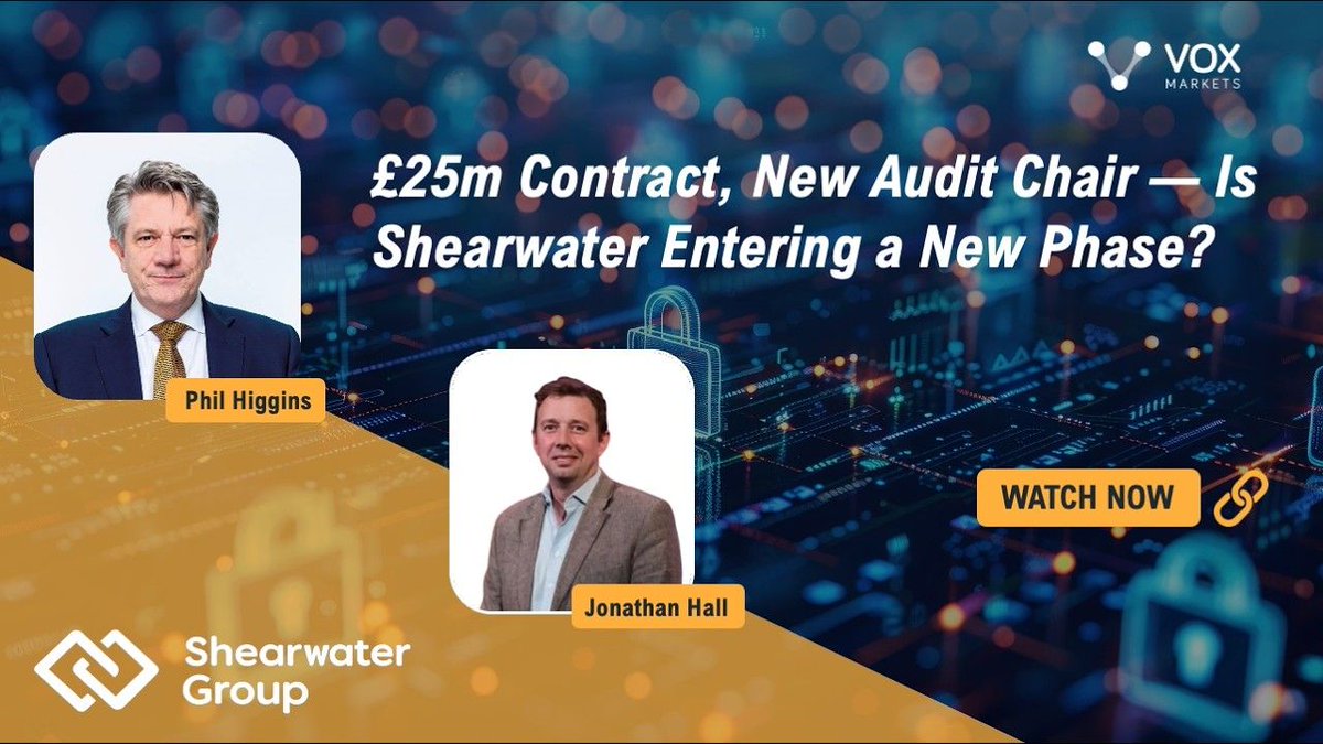 VOXmarkets's tweet photo. £25m Contract, New Audit Chair — Is Shearwater Entering a New Phase? 

Shearwater Group has announced a five-year, circa £25 million contract expansion with a global telecoms customer, materially improving revenue visibility and supporting FY26 expectations. 

This morning’s appointment of Jonathan Entract as Independent Non-Executive Director and Audit Committee Chair adds a governance and capital allocation angle, with investors likely to focus on cash conversion, margin quality and whether the Group is now better positioned for its next phase of growth. 

CEO, Phil Higgins and CFO, Jonathan Hall update Vox Markets

▶️ Watch the full interview: https://t.co/6CbDdaSjoa 

🎧 Also available to listen to on the Vox Markets Podcast

Phil Higgins Jonathan Hall Alma Strategic Communications Cavendish 

@ShearwaterGroup@Cavendish_plc #SWG #cyberSecurity #tech #software