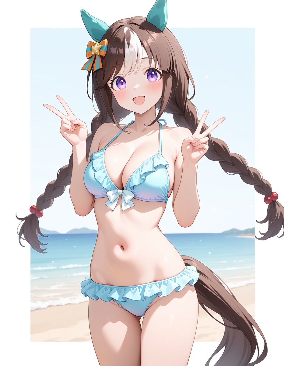 maple_ai_illust's tweet photo. 早いものでもう7月、
(海開きなので)水着の季節ですね😊

#ウマ娘
#ホッコータルマエ
#カレンチャン
#AIイラスト https://t.co/b7R46UdcPw