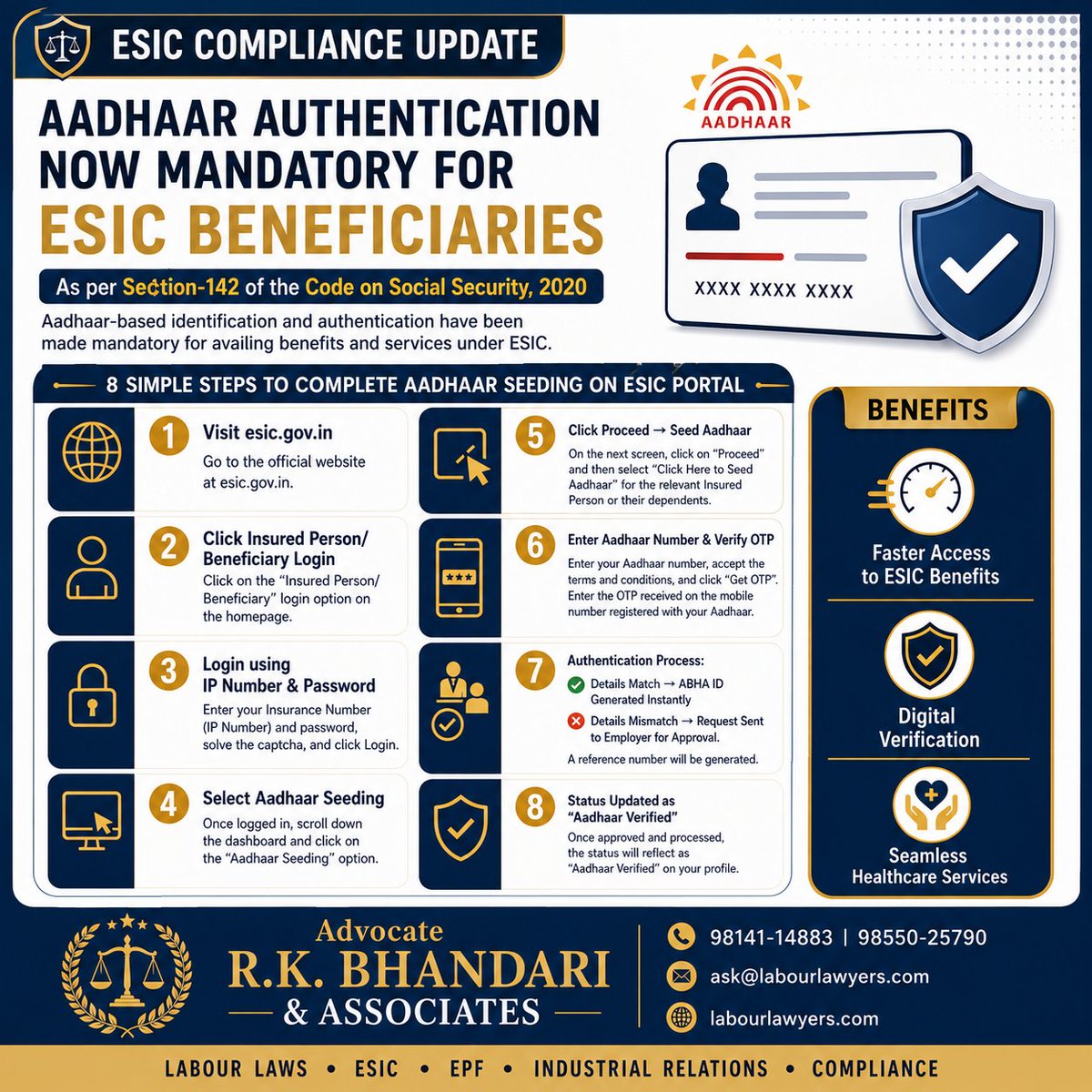 co_prabal's tweet photo. 📢 Aadhaar authentication is now mandatory for ESIC beneficiaries (Sec. 142, Code on Social Security 2020). 8 simple steps to complete Aadhaar seeding on the ESIC portal 👇 Faster benefits, secure verification, seamless healthcare.
📞 98141-14883 
🌐 https://t.co/s0A3FNVBle https://t.co/Kuenf78mTX